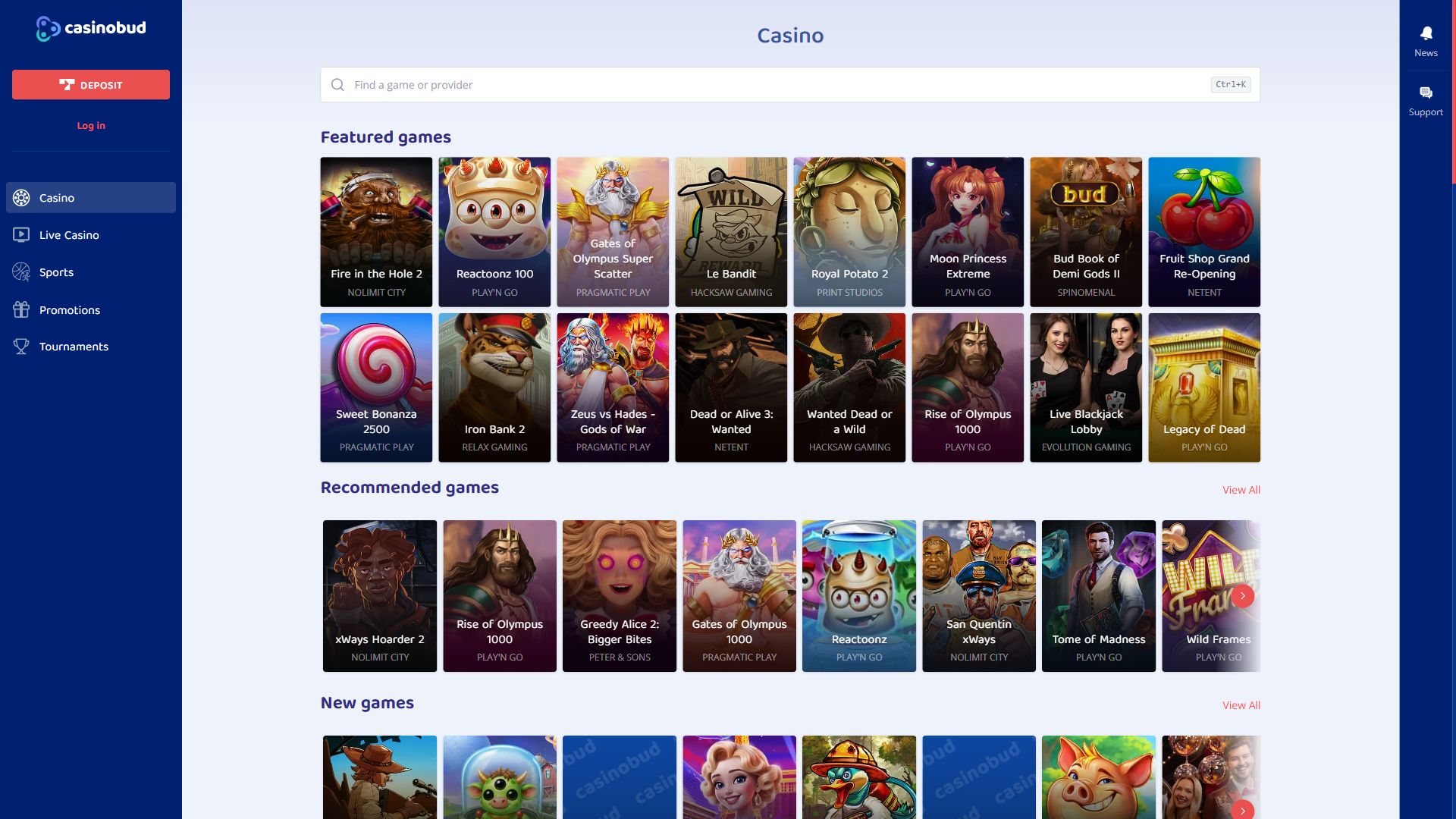 Casinobud — Lobby (Desktop)