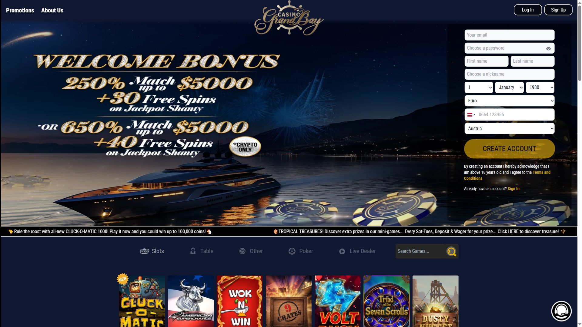 Casino Grandbay — Homepage (Desktop)