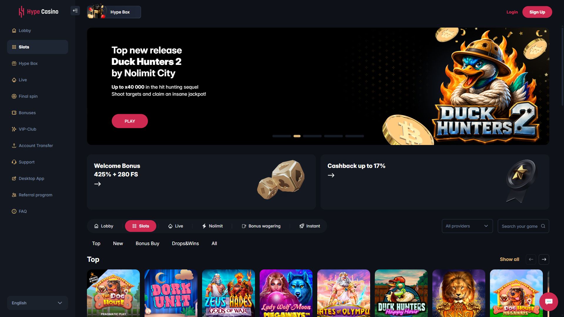 Hype Casino — Lobby (Desktop)