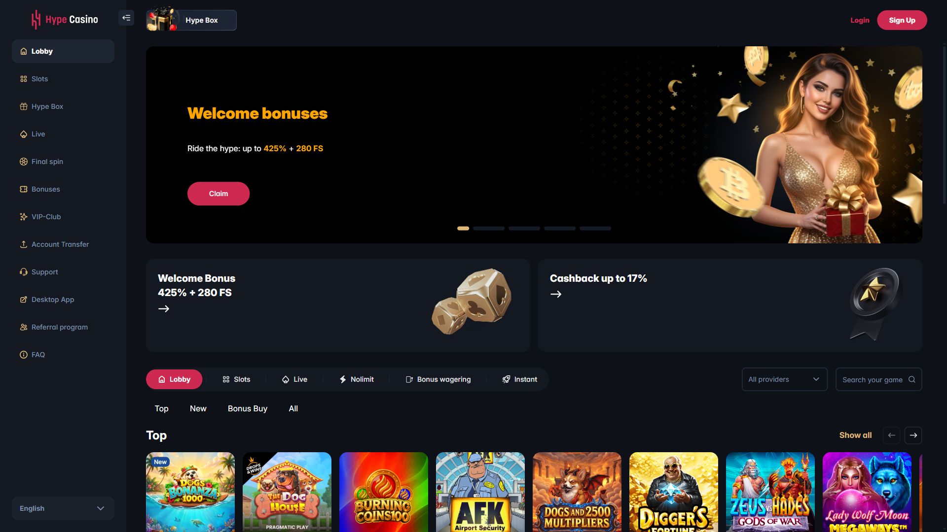 Hype Casino — Homepage (Desktop)
