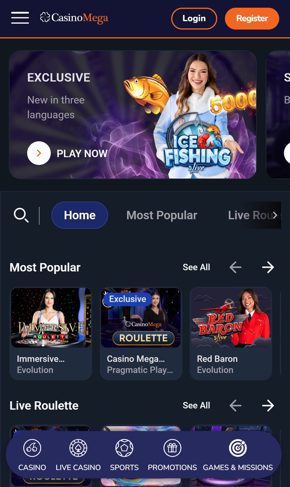 CasinoMega — Lobby (Mobile)