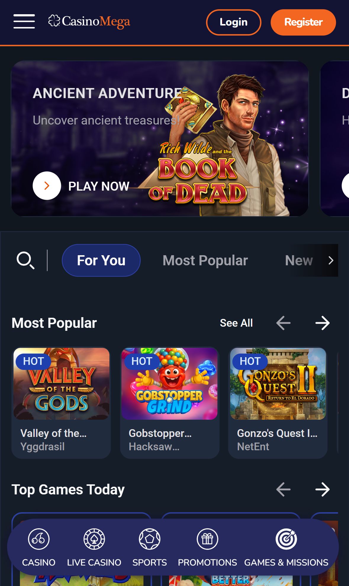 CasinoMega — Homepage (Mobile)