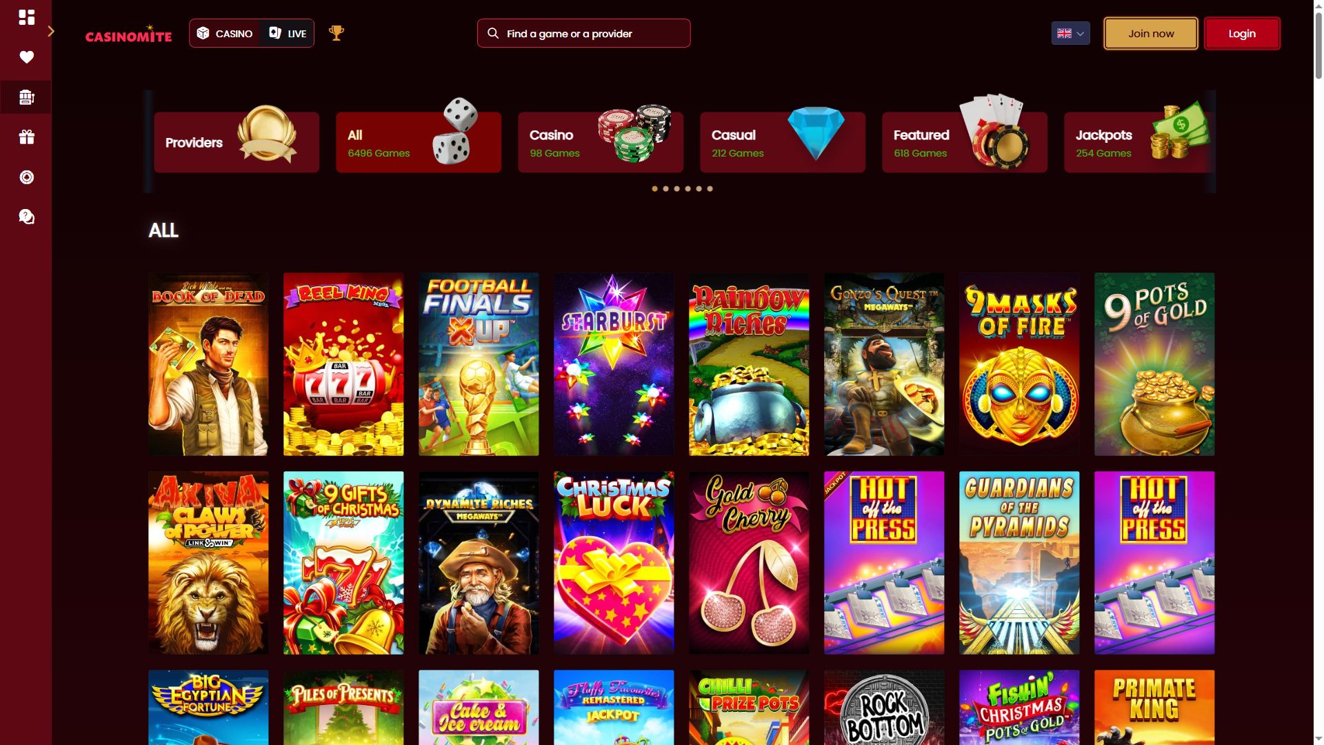 Casinomite — Lobby (Desktop)