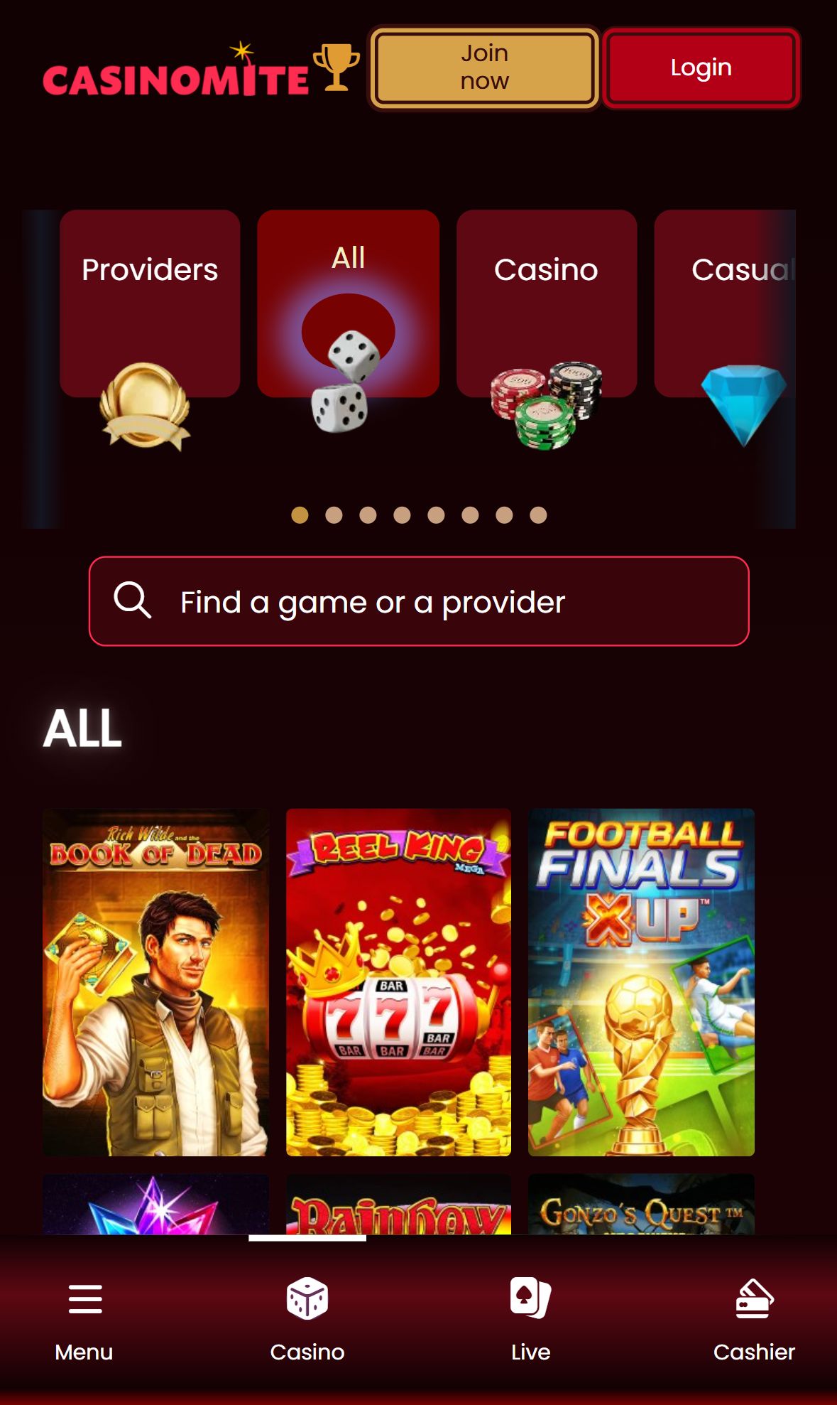 Casinomite — Lobby (Mobile)