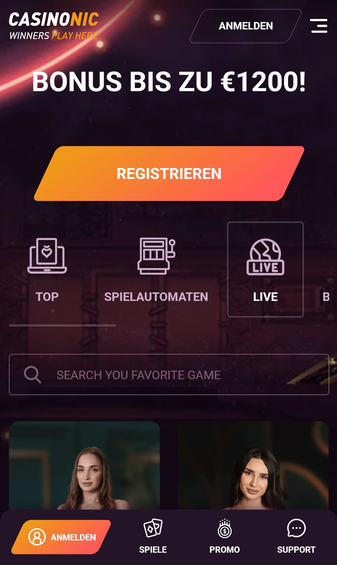Casinonic — Startseite (Mobil)