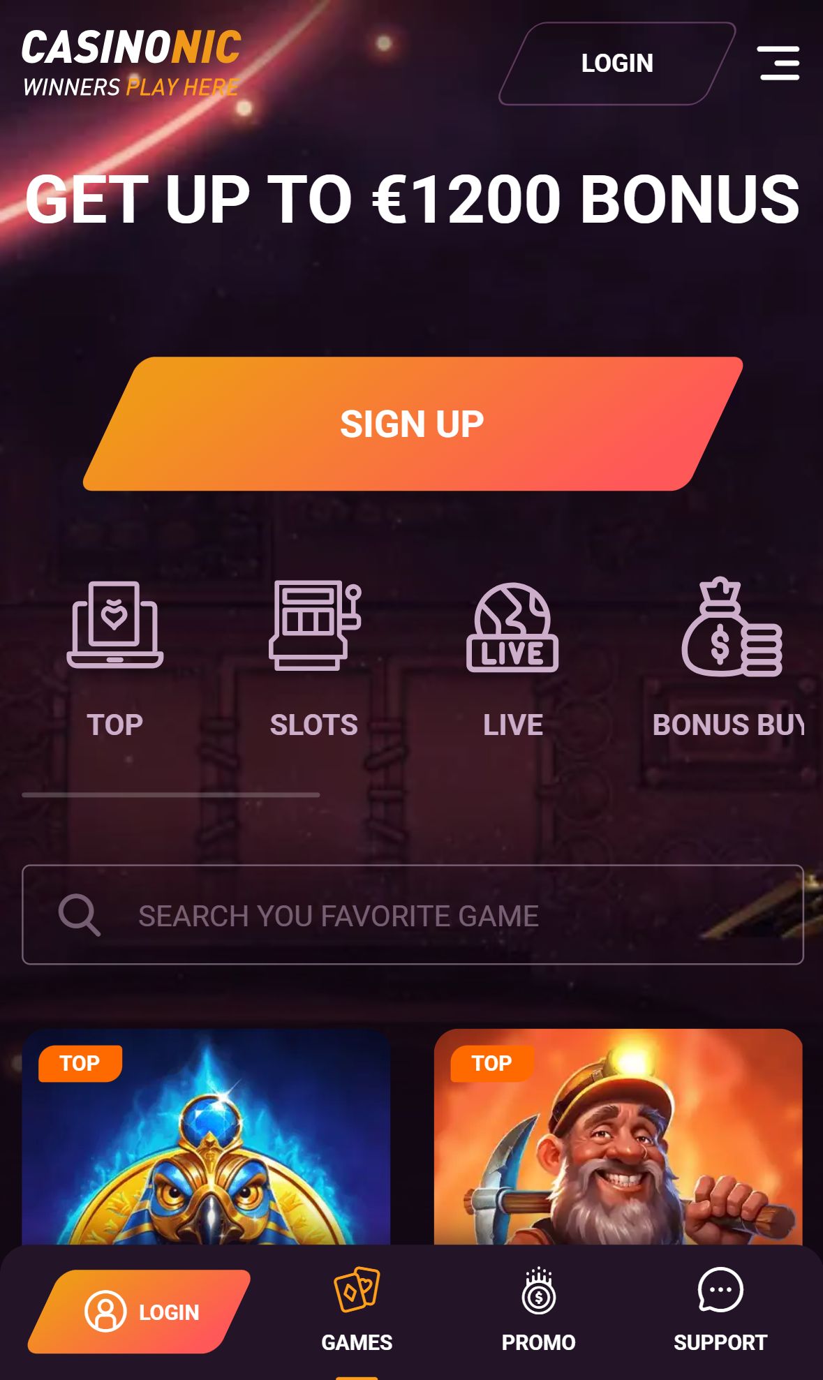 Casinonic — Homepage (Mobile)