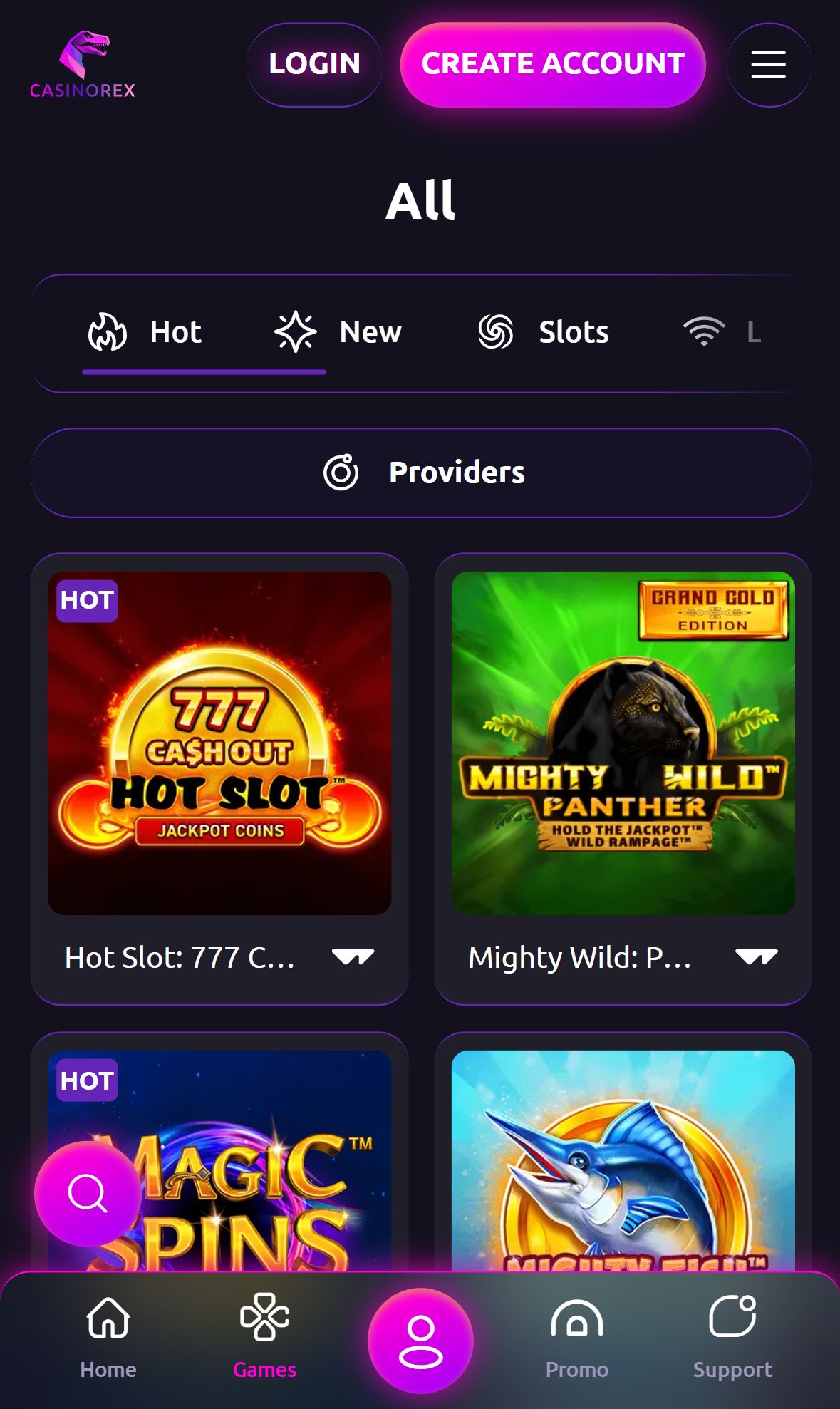 Casinorex — Lobby (Mobile)