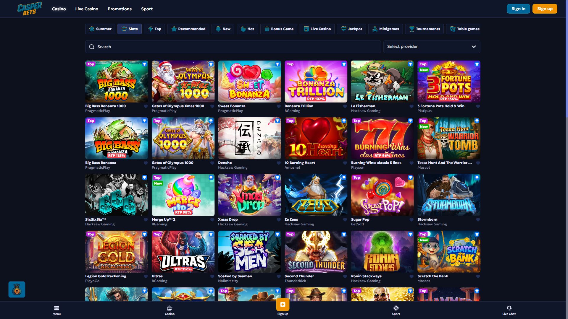 Casper Bets — Lobby (Desktop)
