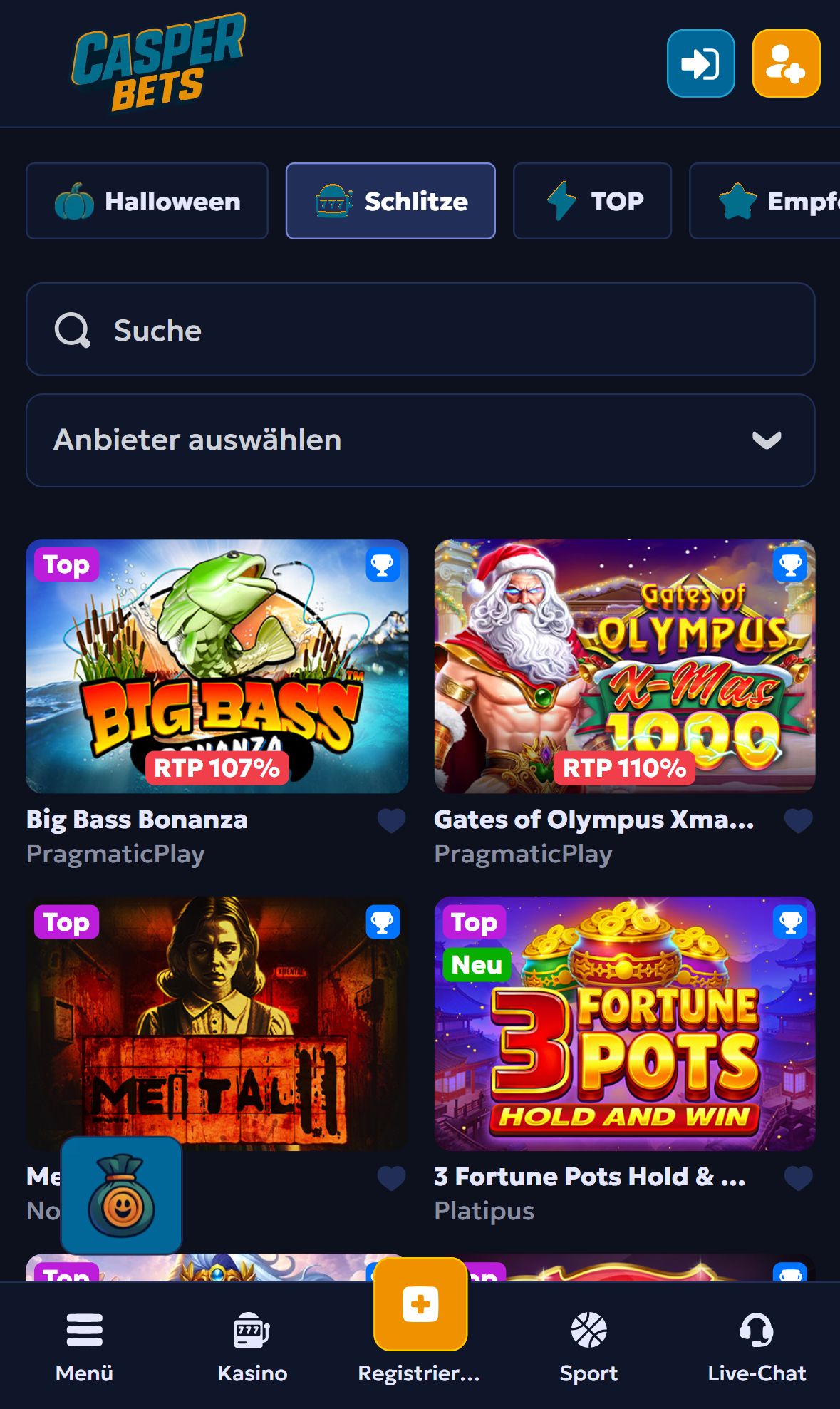 Casper Bets — Lobby (Mobil)