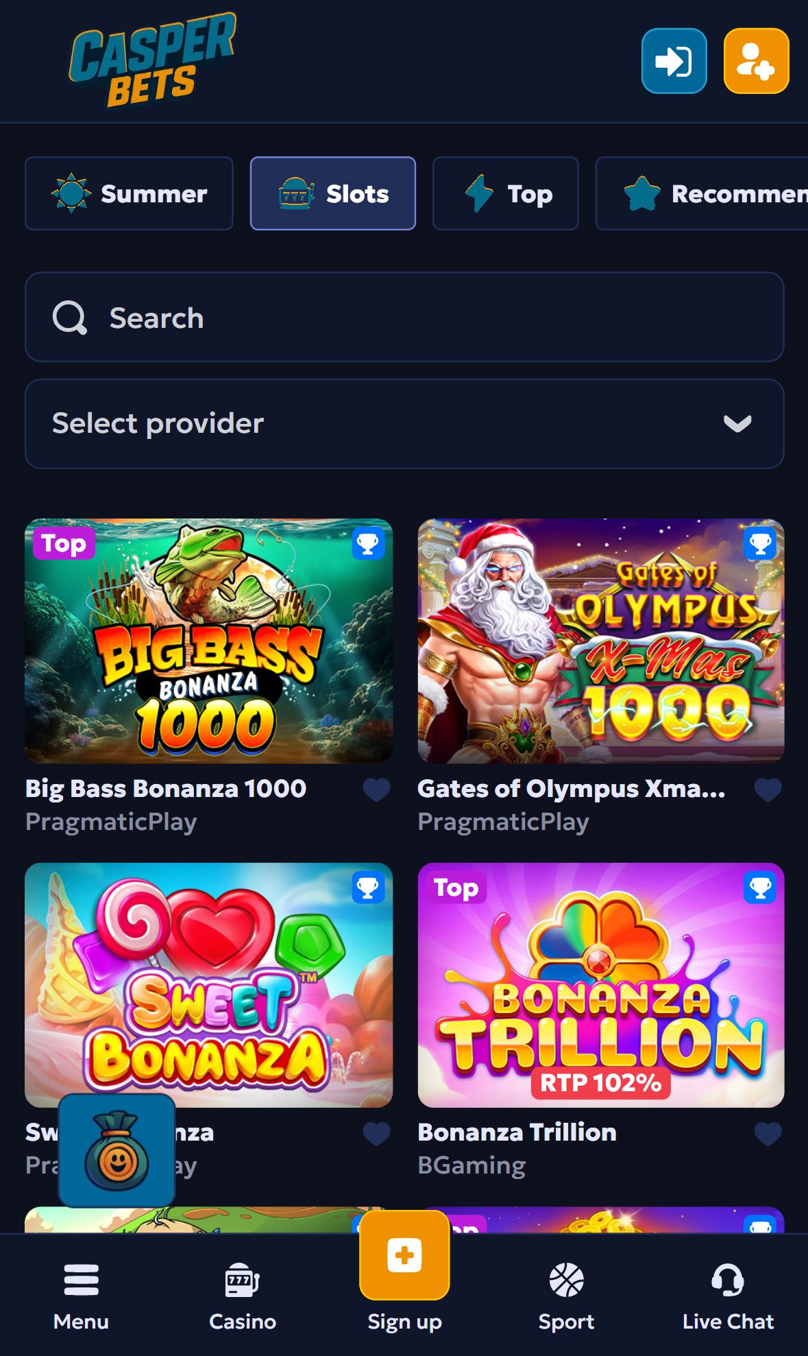 Casper Bets — Lobby (Mobile)