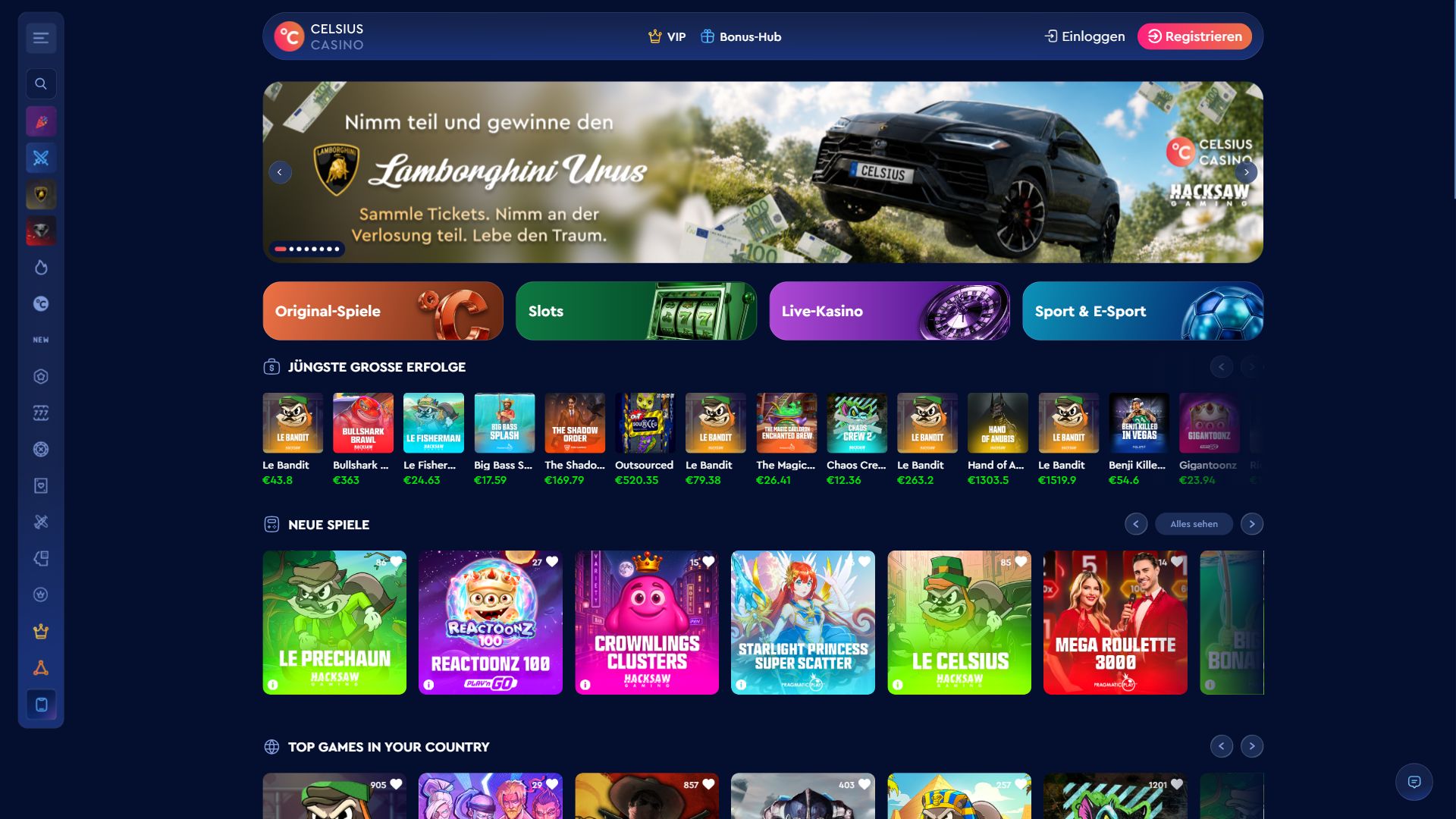 Celsius Casino — Startseite (Desktop)