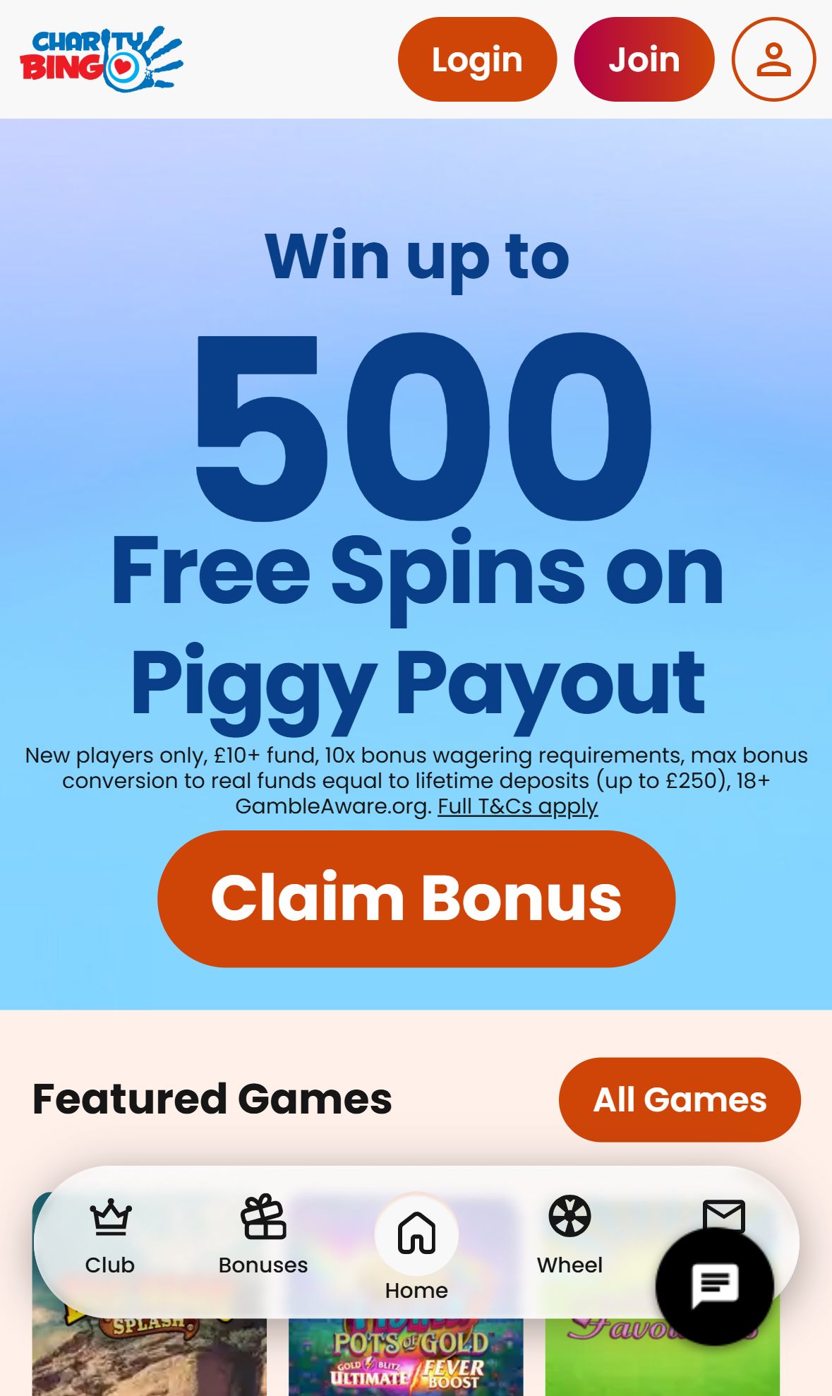 Charity Bingo — Homepage (Mobile)