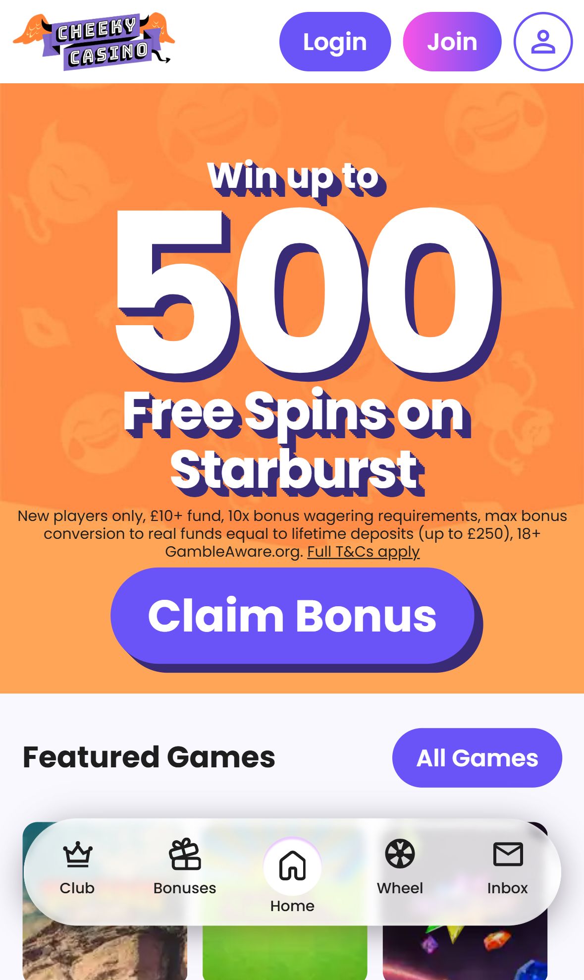 Cheeky Сasino — Homepage (Mobile)