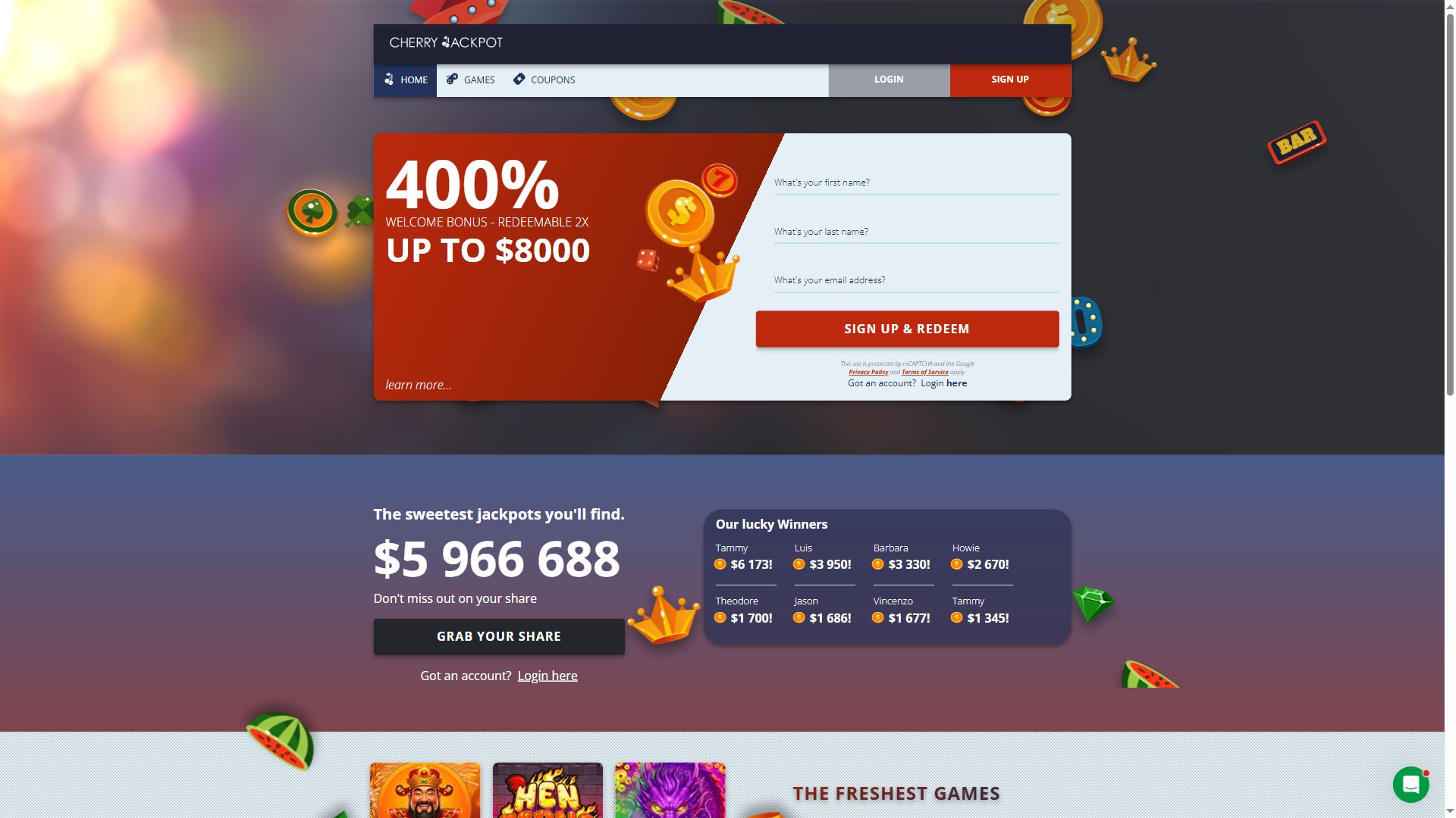 Cherry Jackpot — Homepage (Desktop)