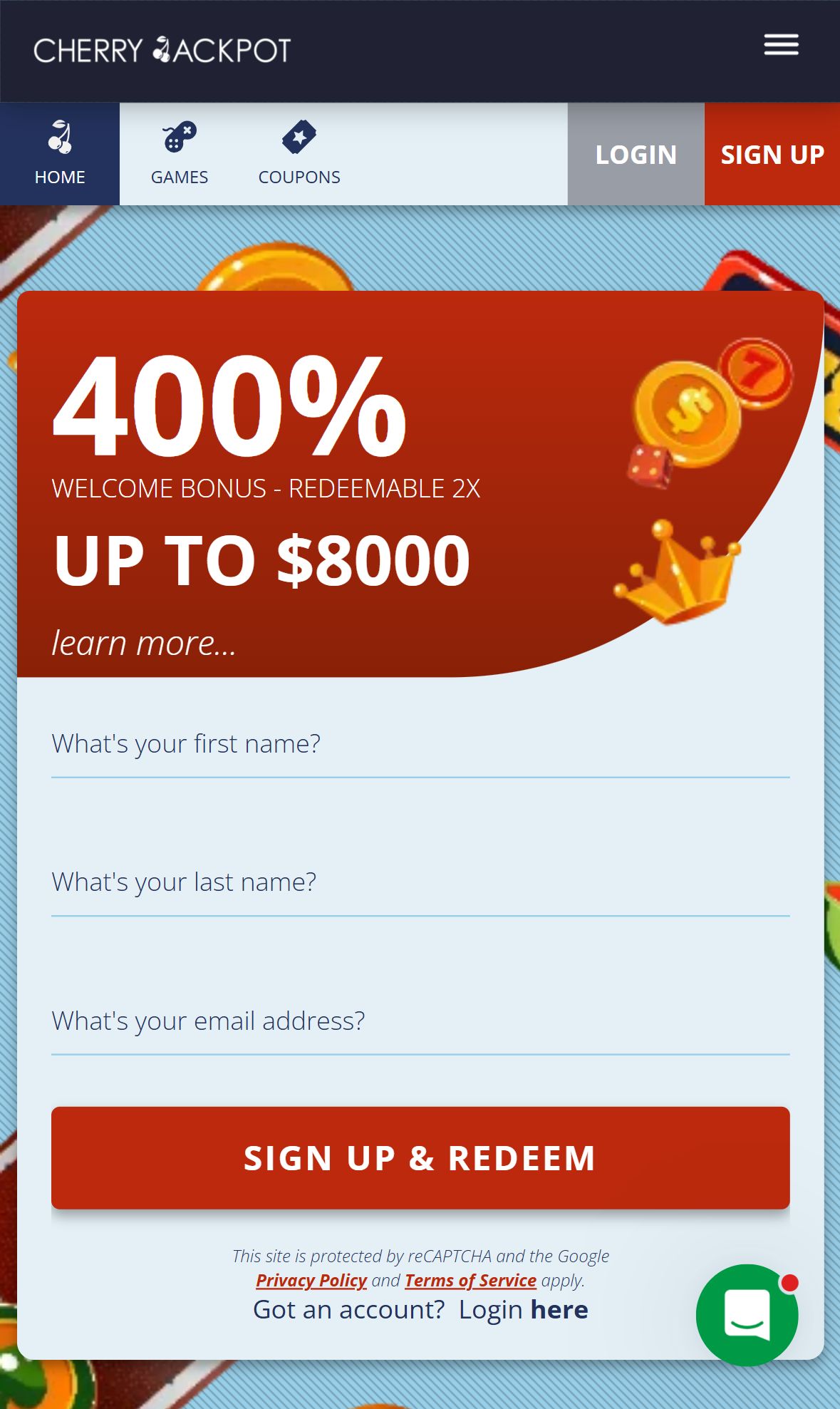 Cherry Jackpot — Homepage (Mobile)