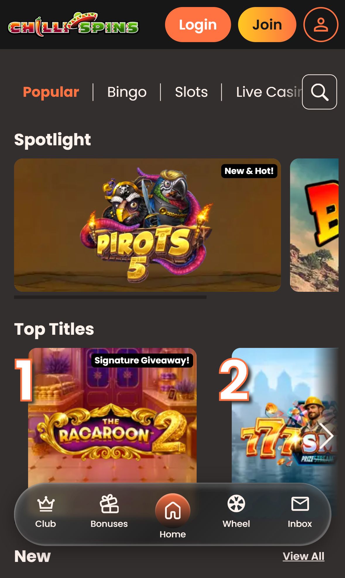 Chilli Spins — Lobby (Mobile)
