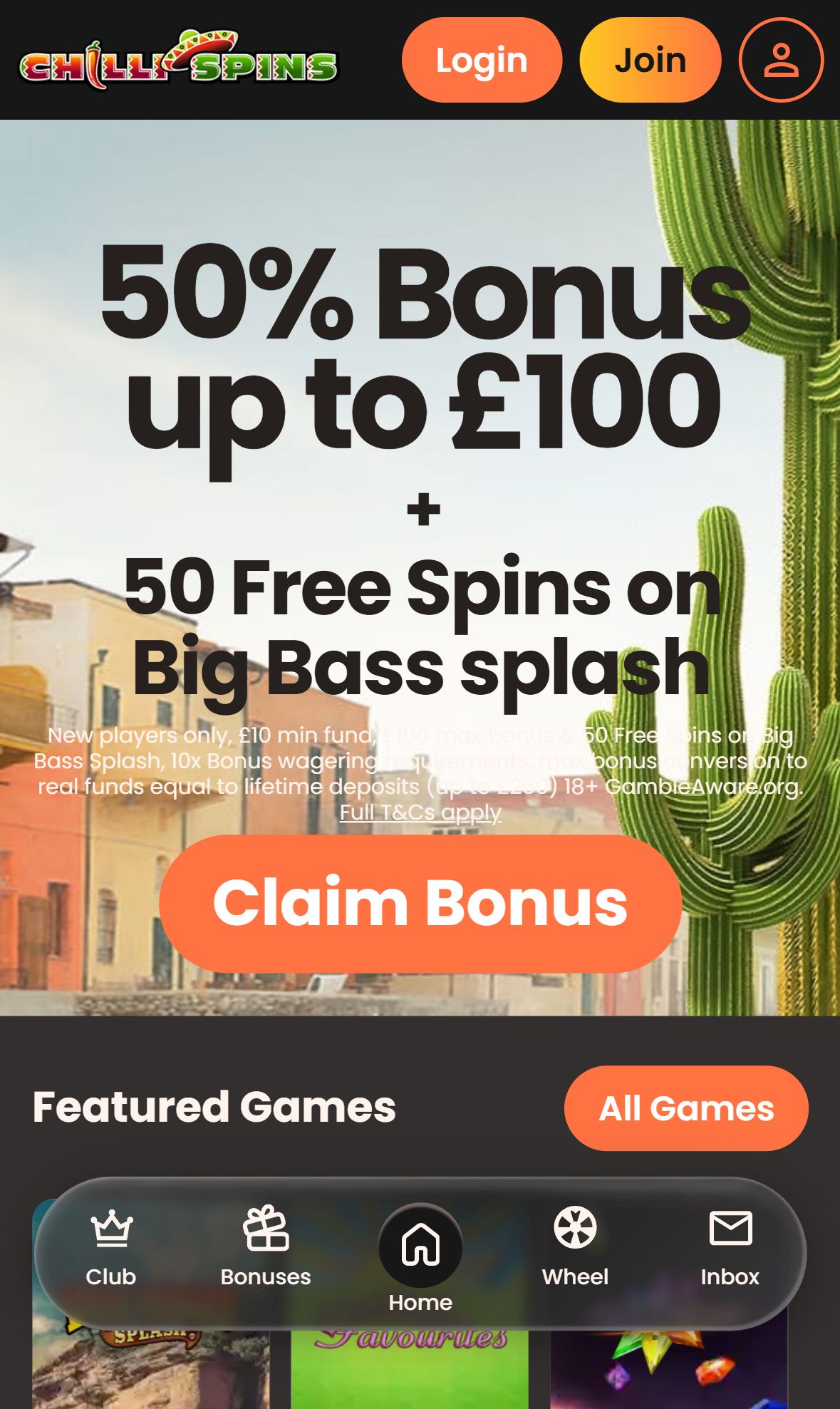 Chilli Spins — Homepage (Mobile)