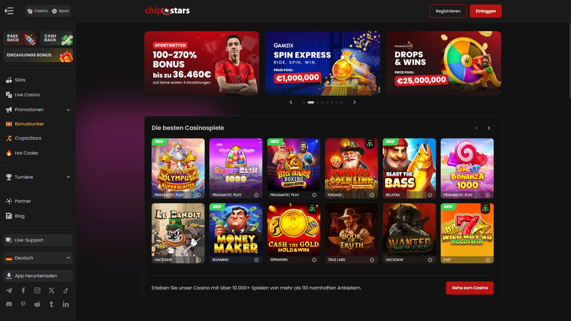 Chipstars — Startseite (Desktop)