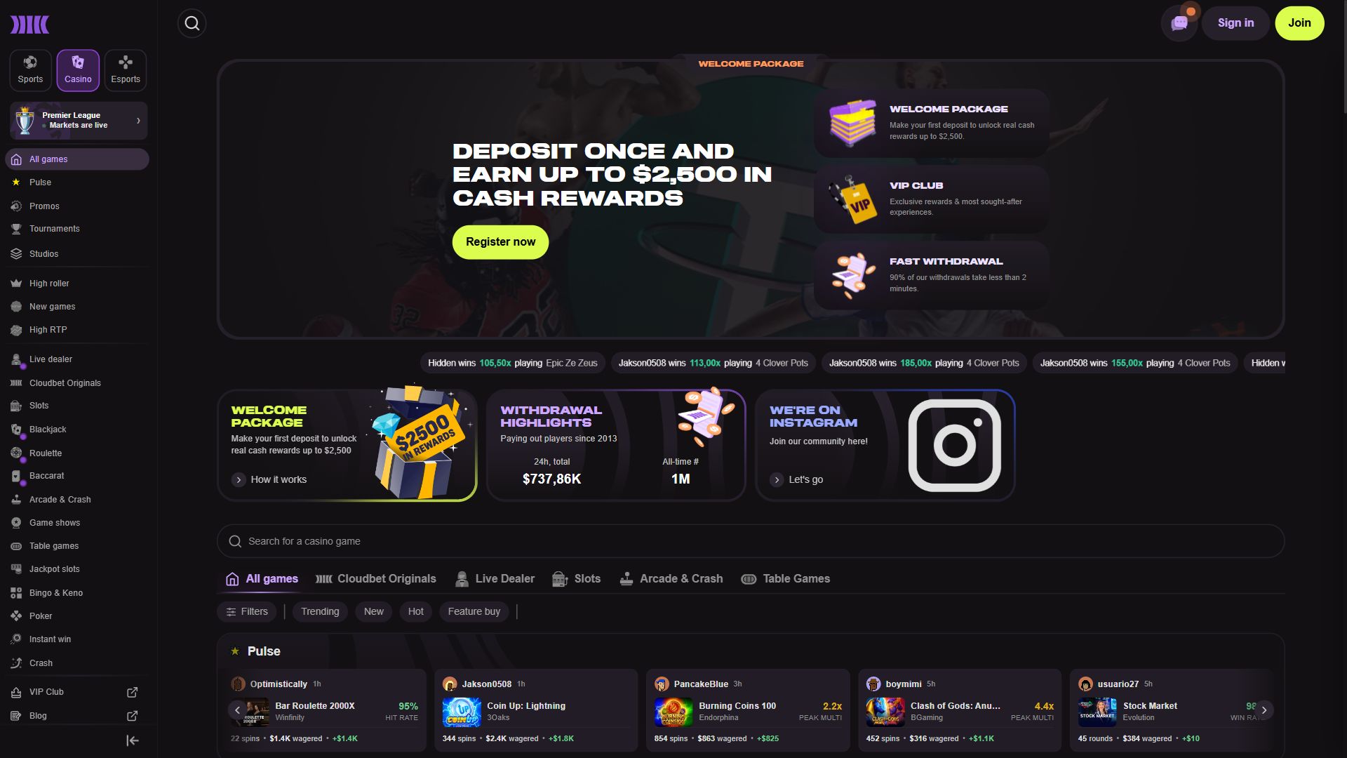 Cloudbet — Lobby (Desktop)