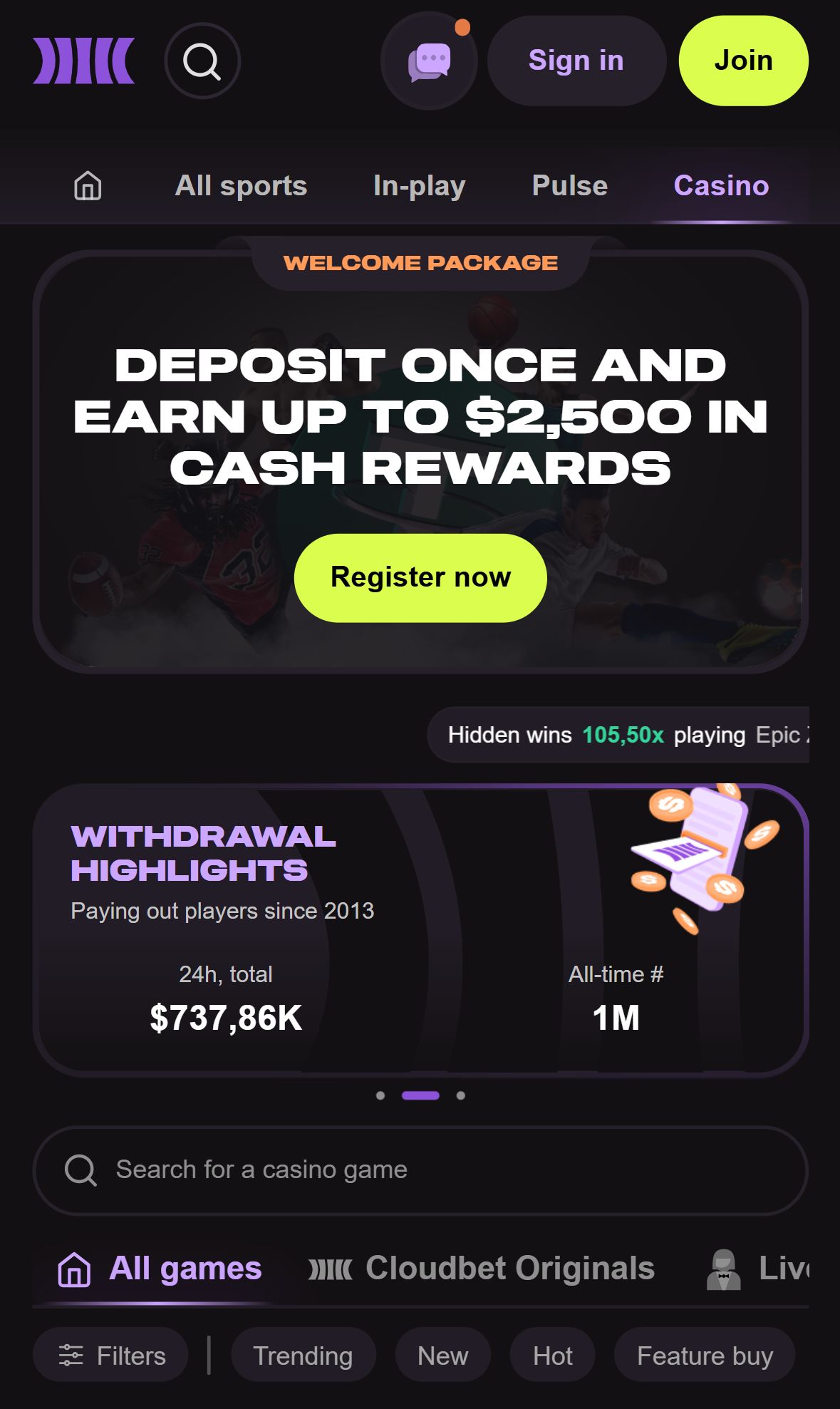 Cloudbet — Lobby (Mobile)