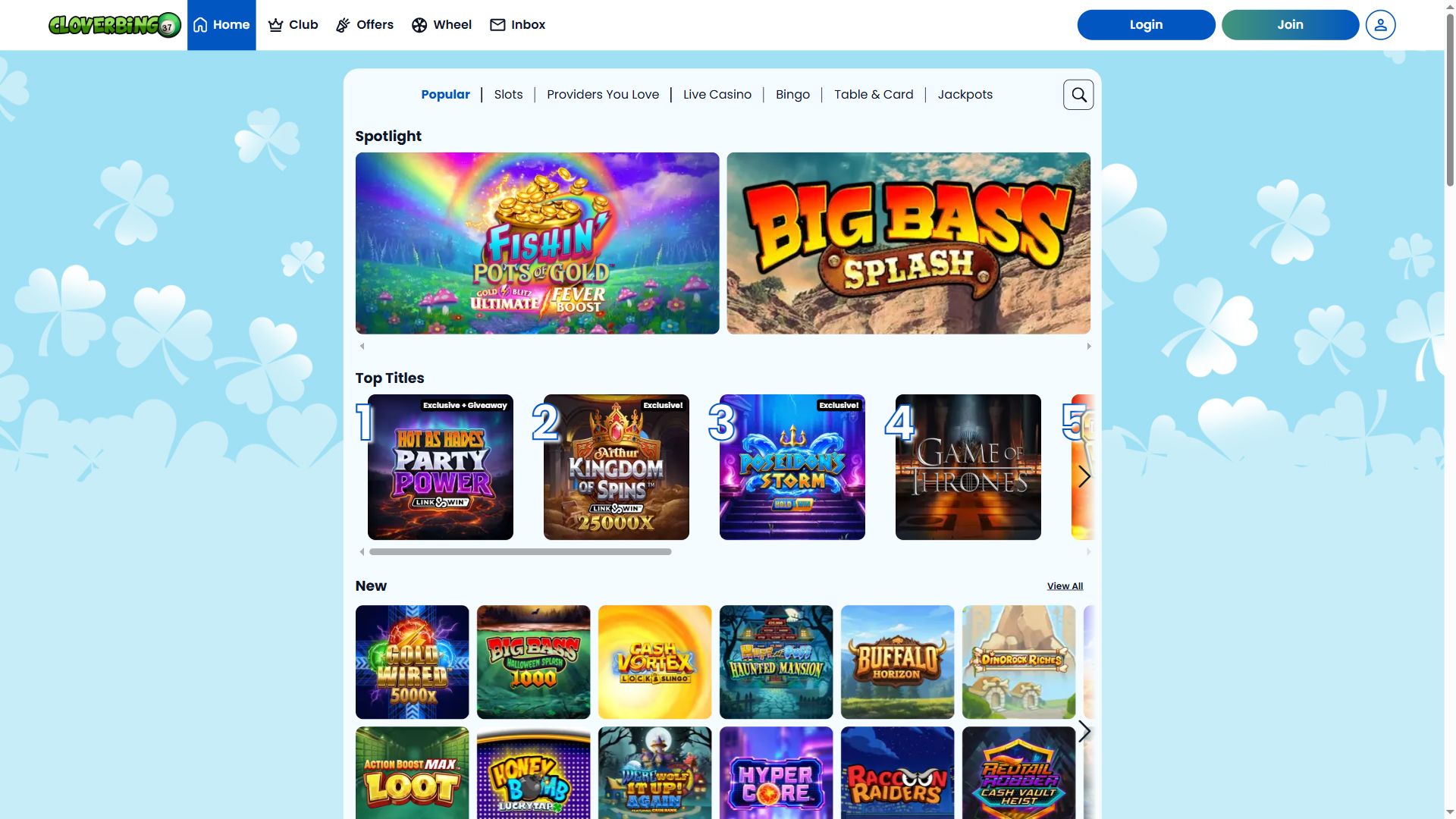 Clover Bingo — Lobby (Desktop)