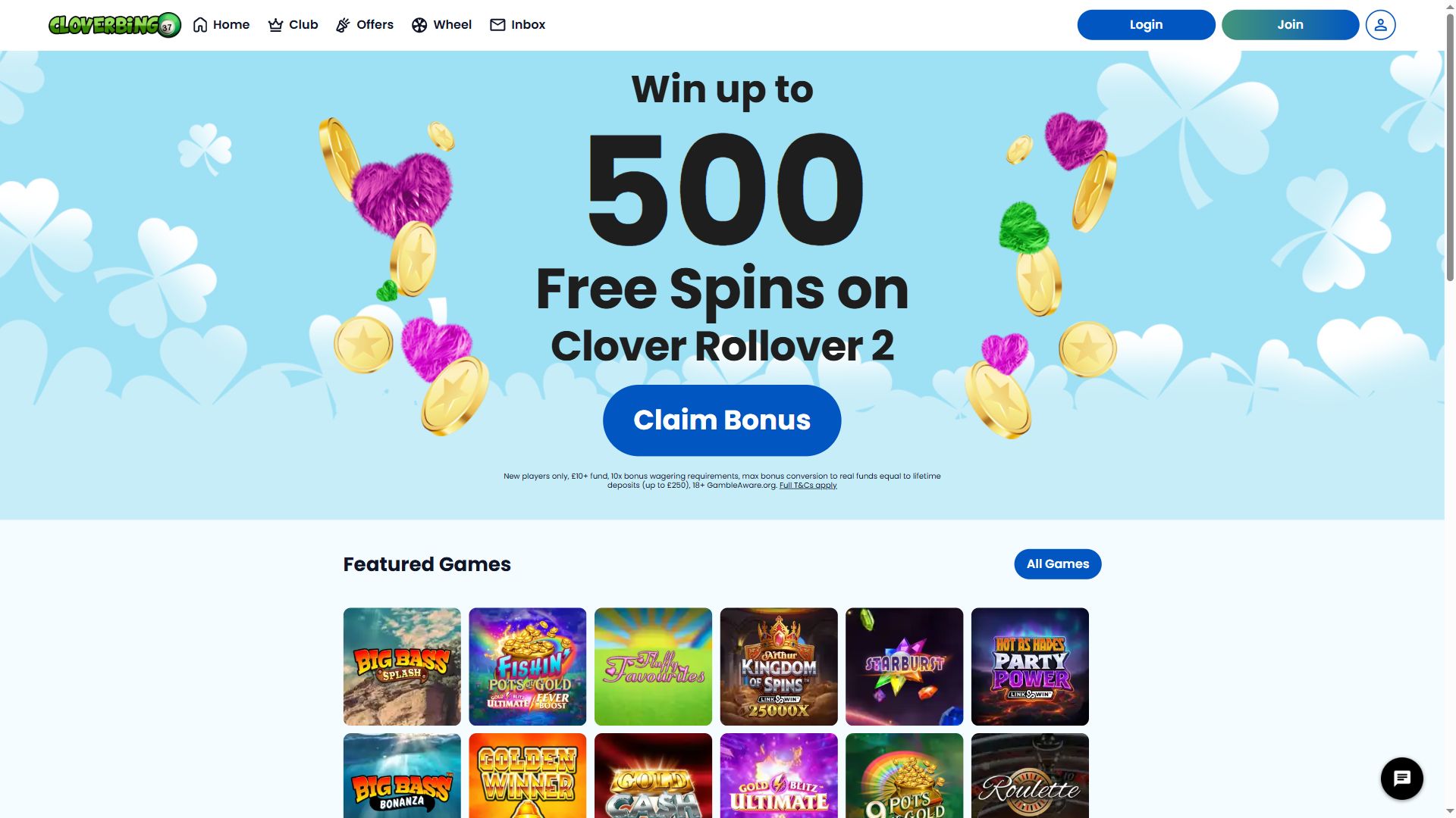 Clover Bingo — Homepage (Desktop)