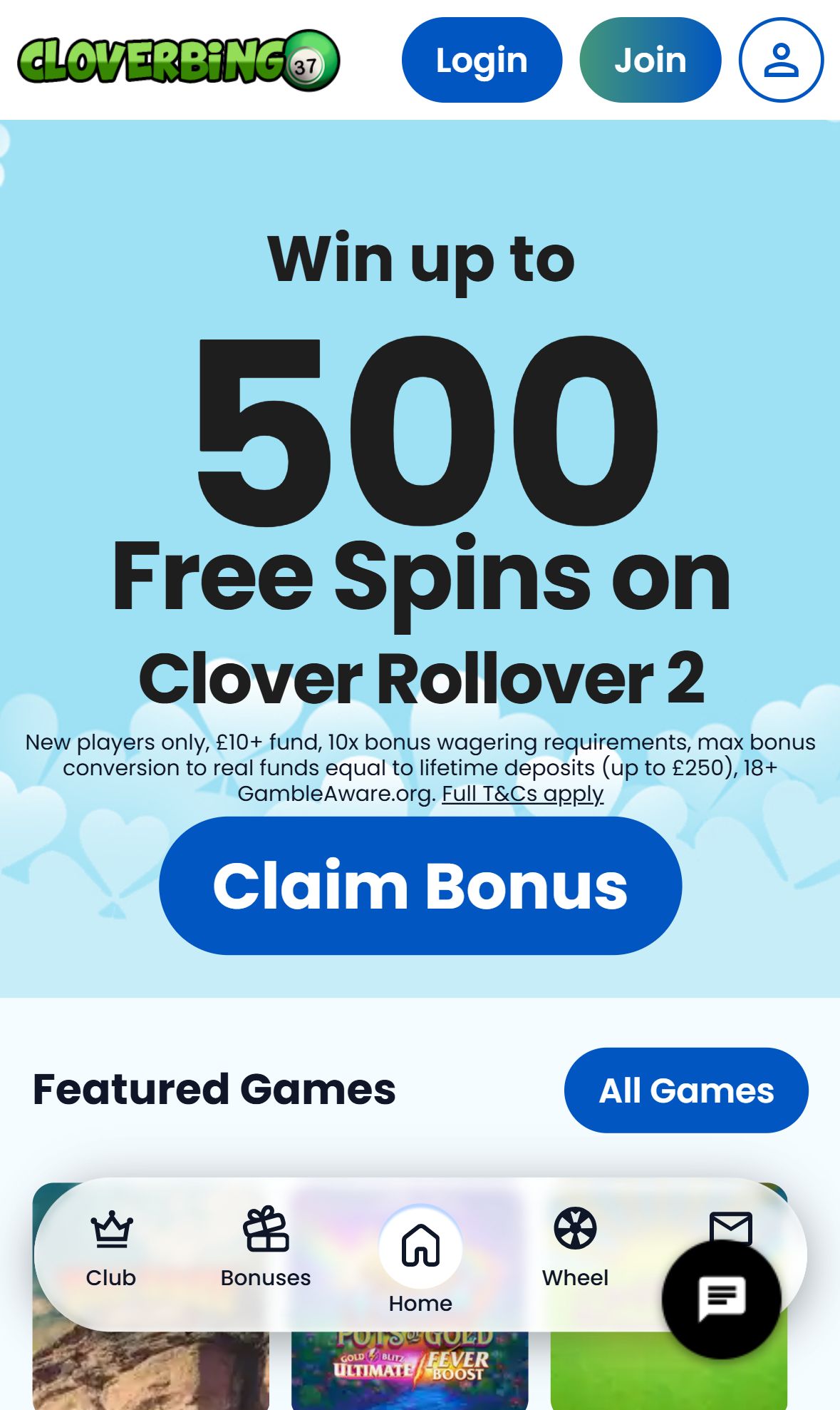 Clover Bingo — Homepage (Mobile)