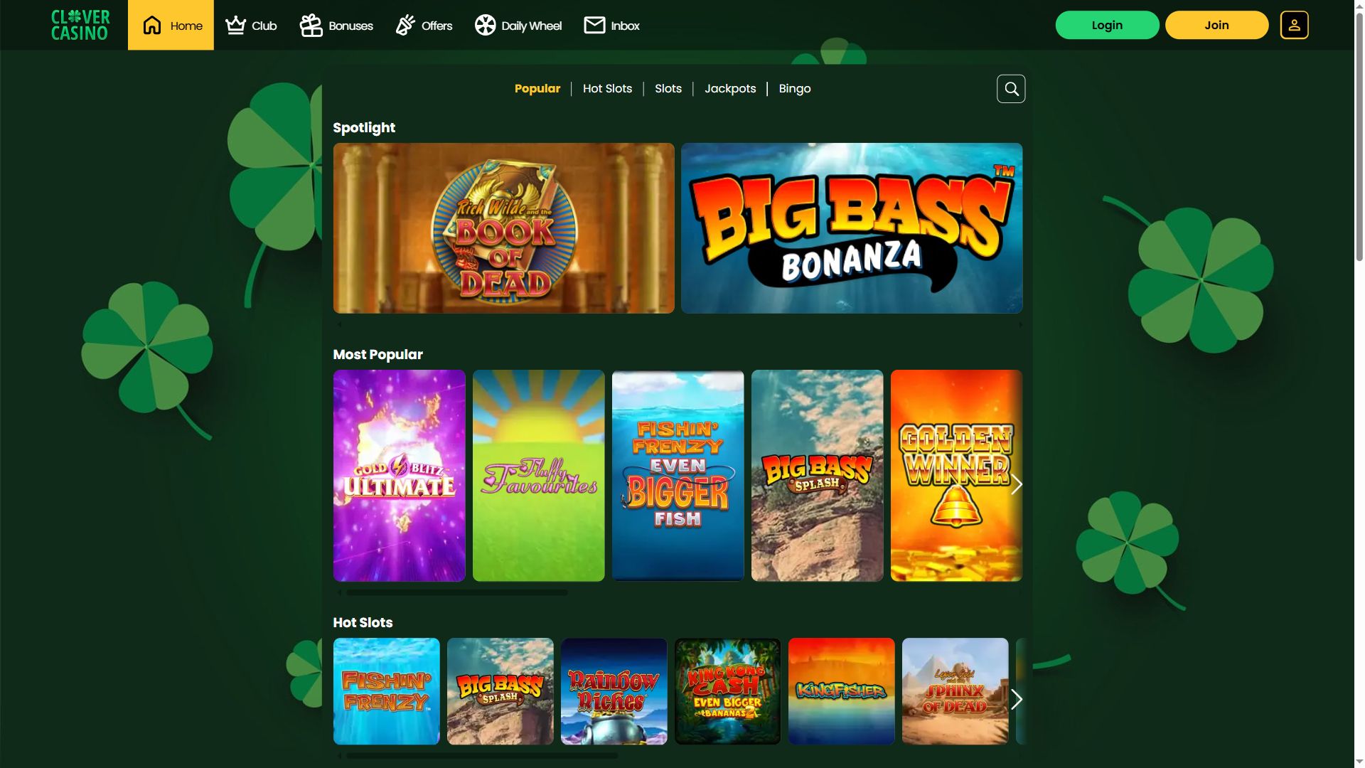 Clover Casino — Lobby (Desktop)