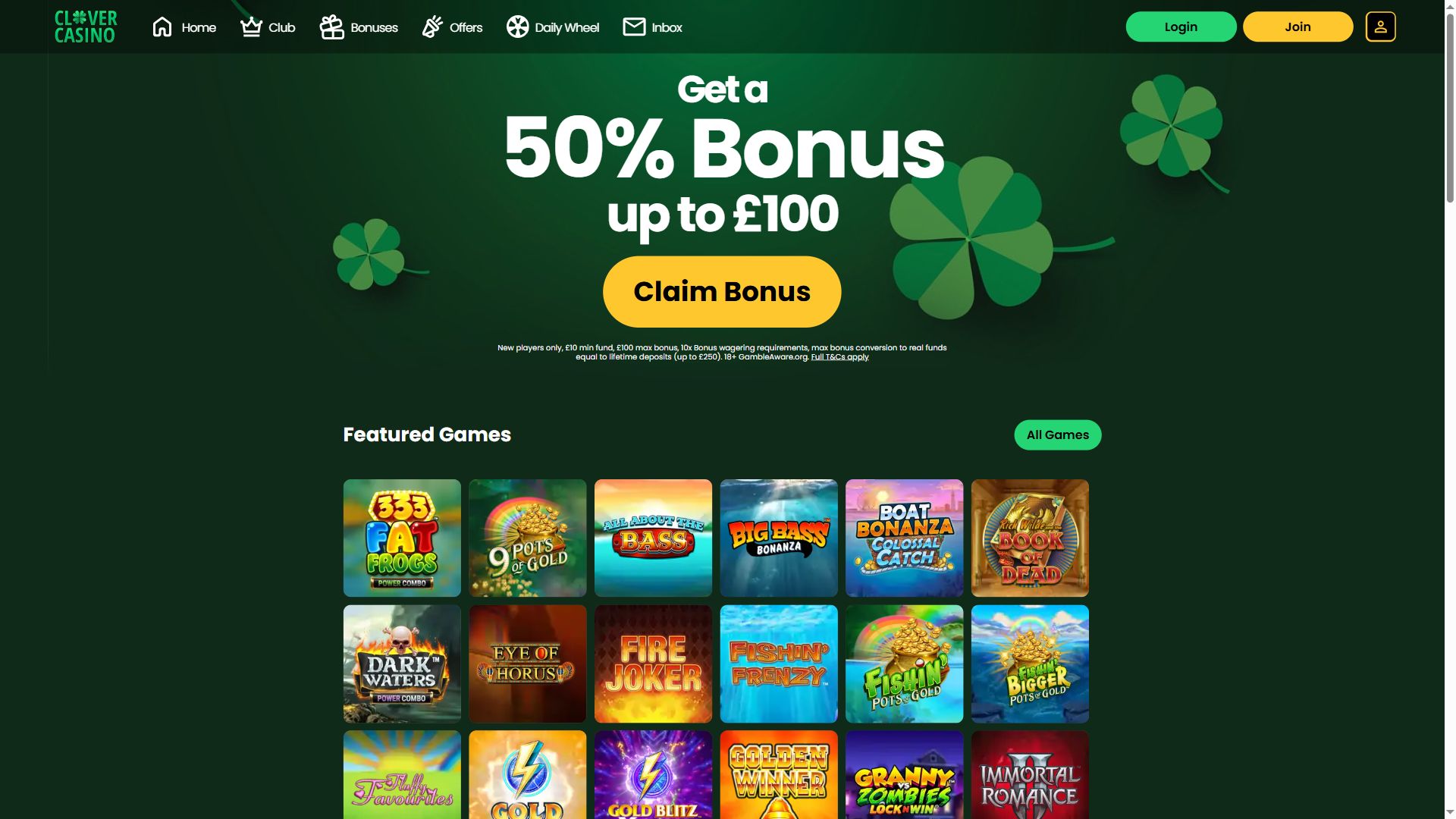 Clover Casino — Homepage (Desktop)