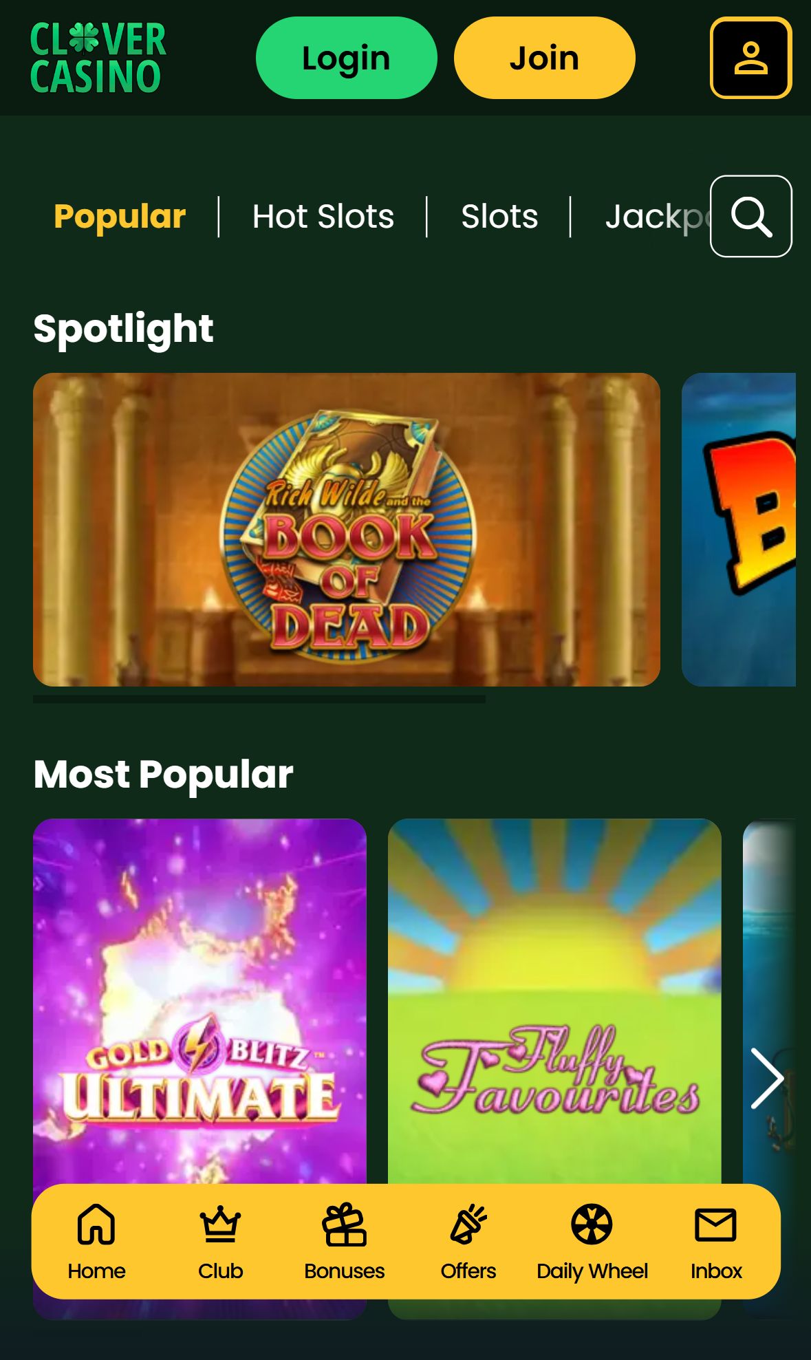 Clover Casino — Lobby (Mobile)