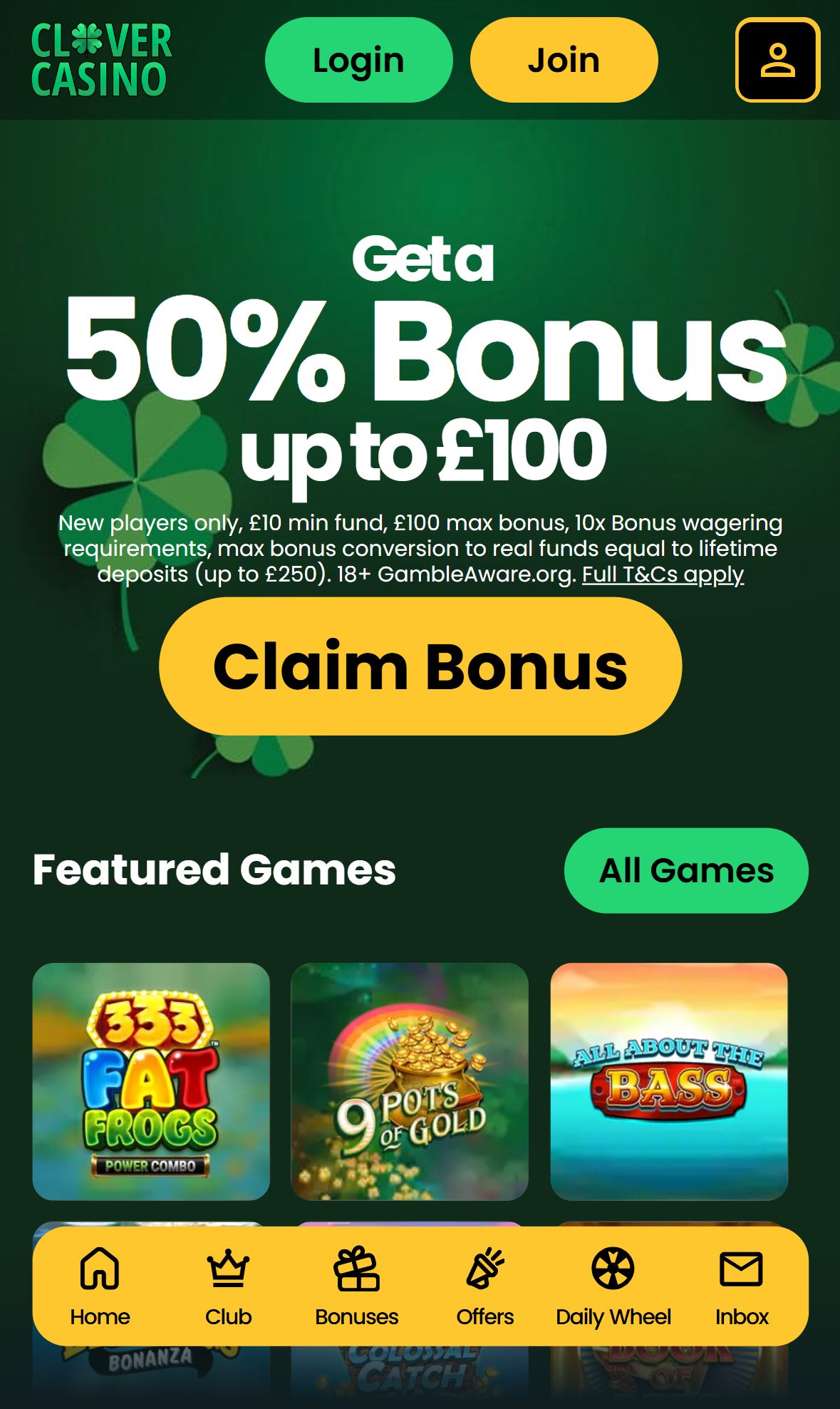 Clover Casino — Homepage (Mobile)