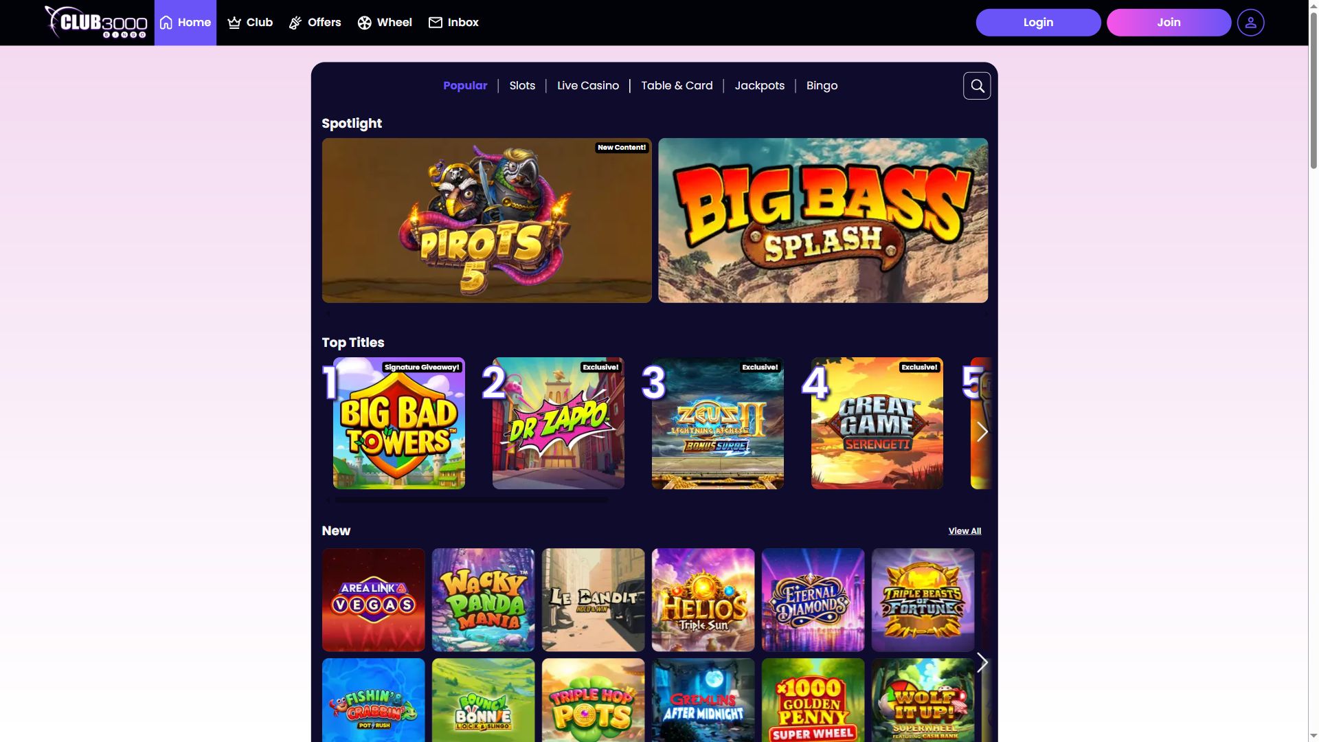 Club3000 Bingo — Lobby (Desktop)