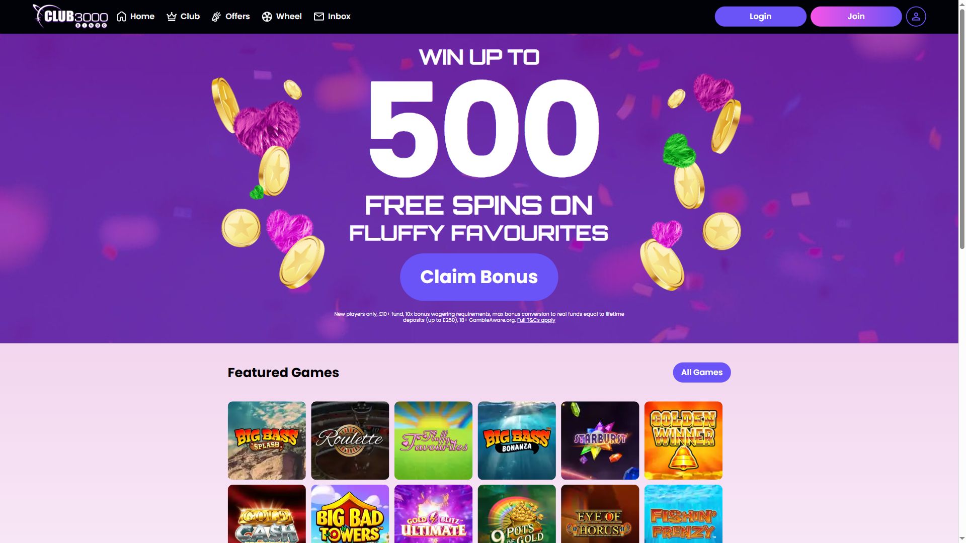Club3000 Bingo — Homepage (Desktop)