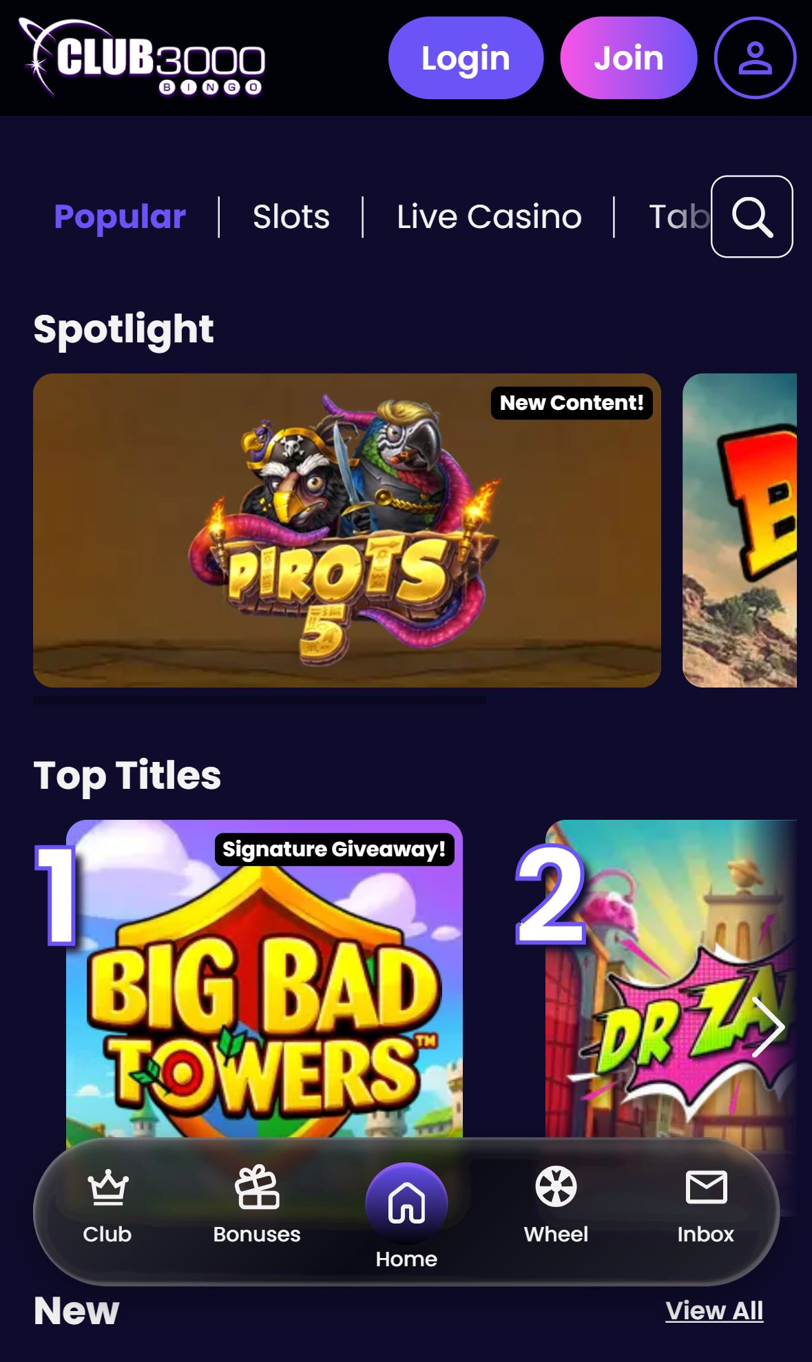 Club3000 Bingo — Lobby (Mobile)