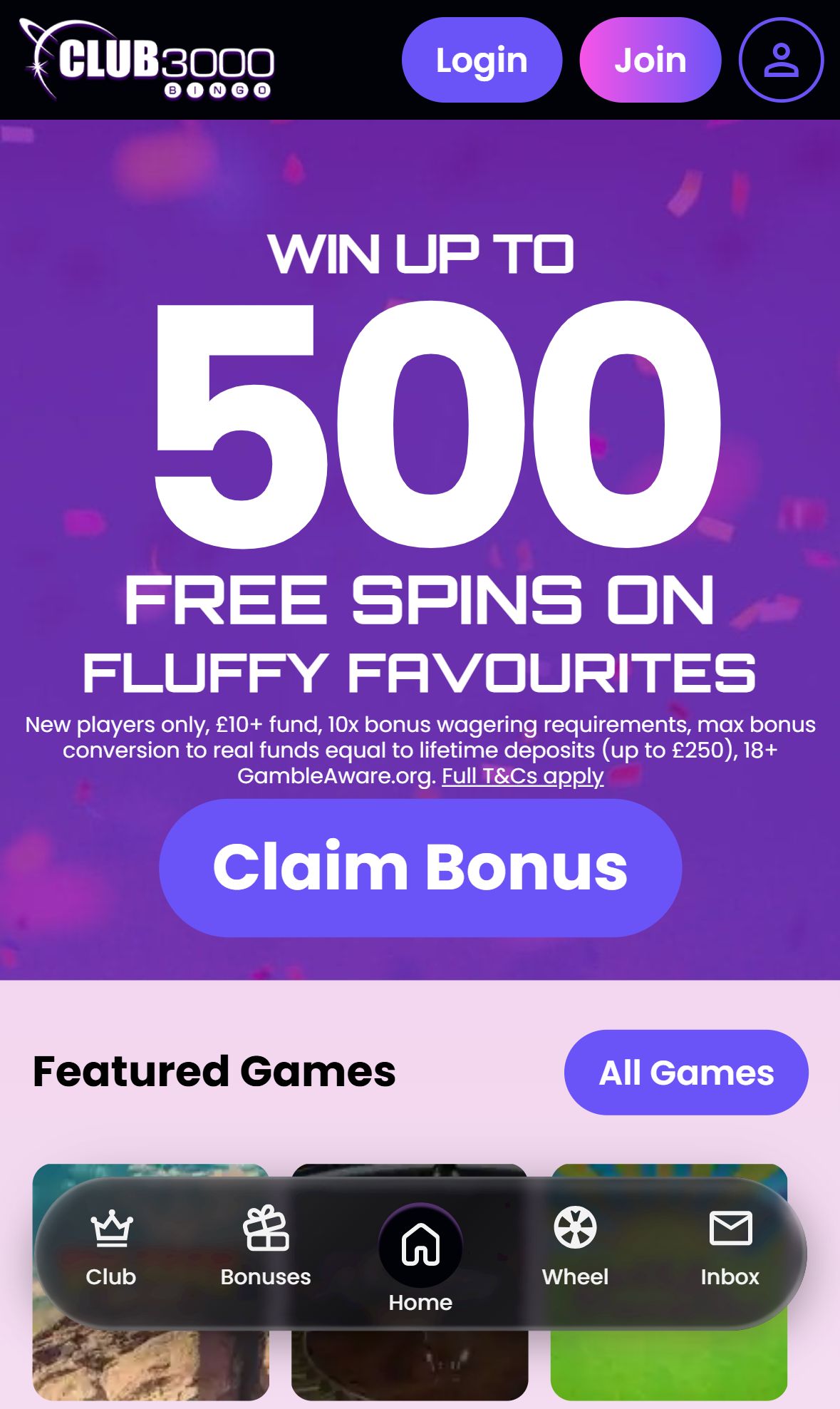 Club3000 Bingo — Homepage (Mobile)