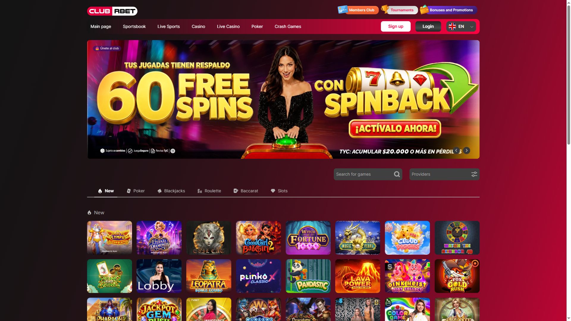 ClubRBet — Lobby (Desktop)