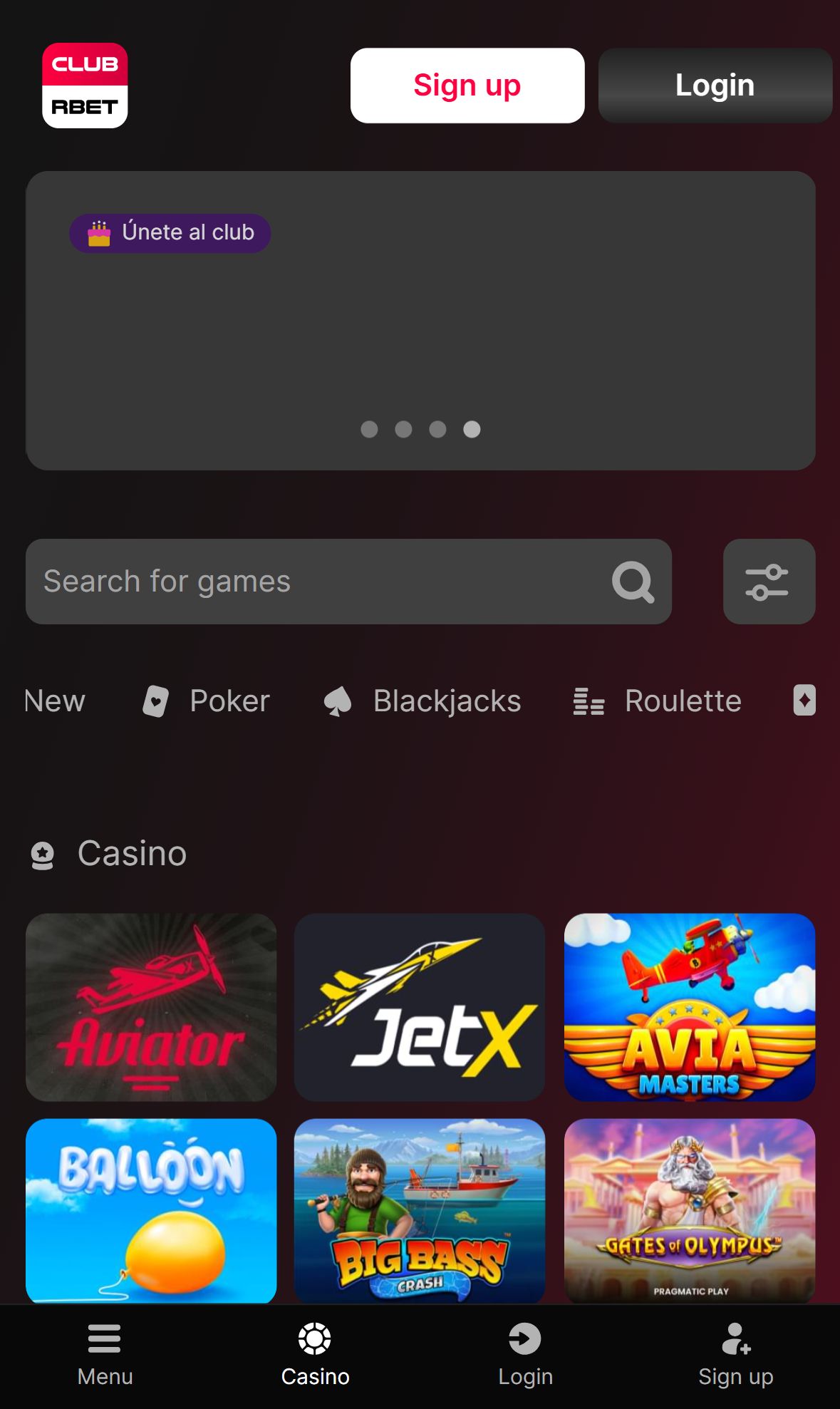 ClubRBet — Lobby (Mobile)