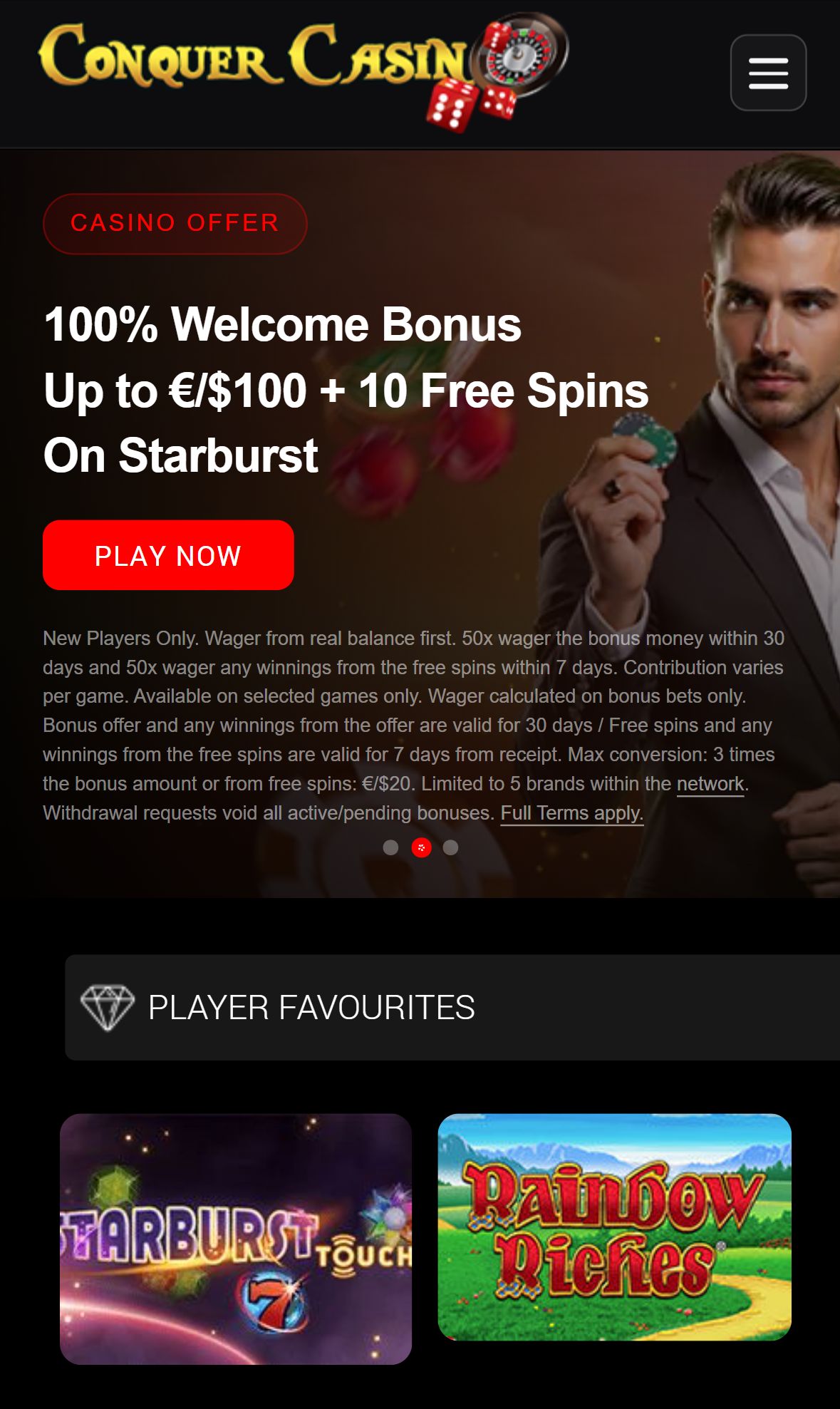 Conquer Casino — Lobby (Mobile)