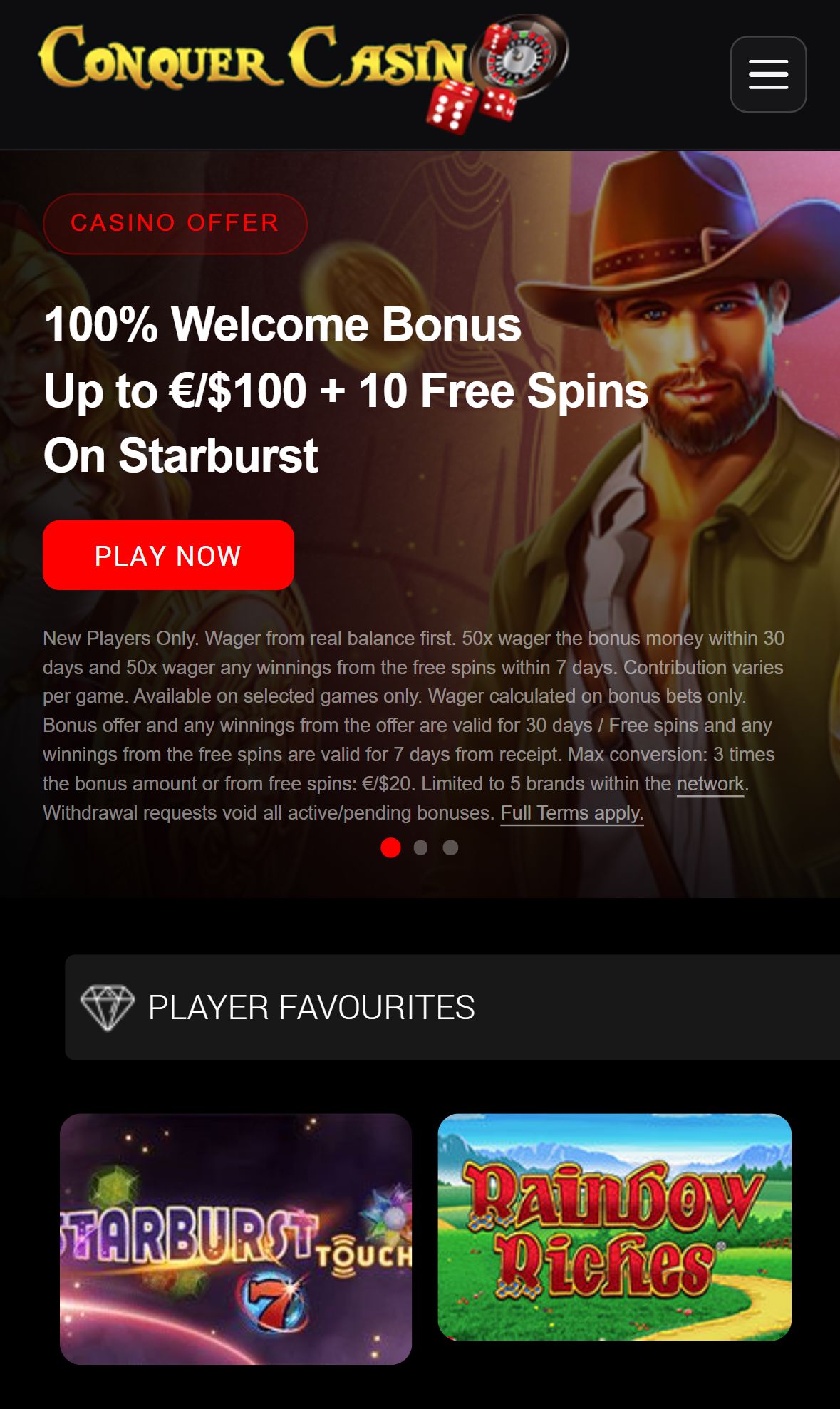 Conquer Casino — Homepage (Mobile)