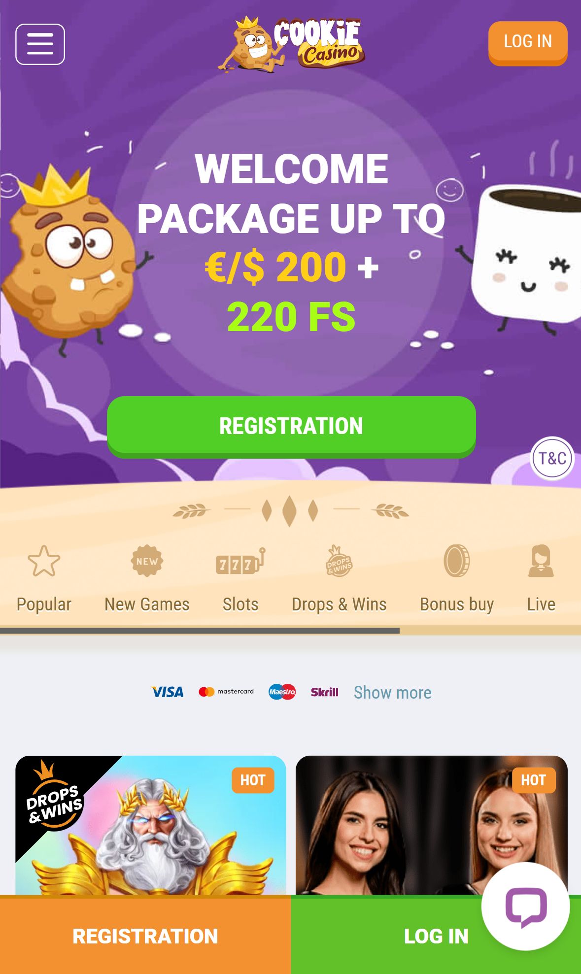 Cookie Casino — Homepage (Mobile)