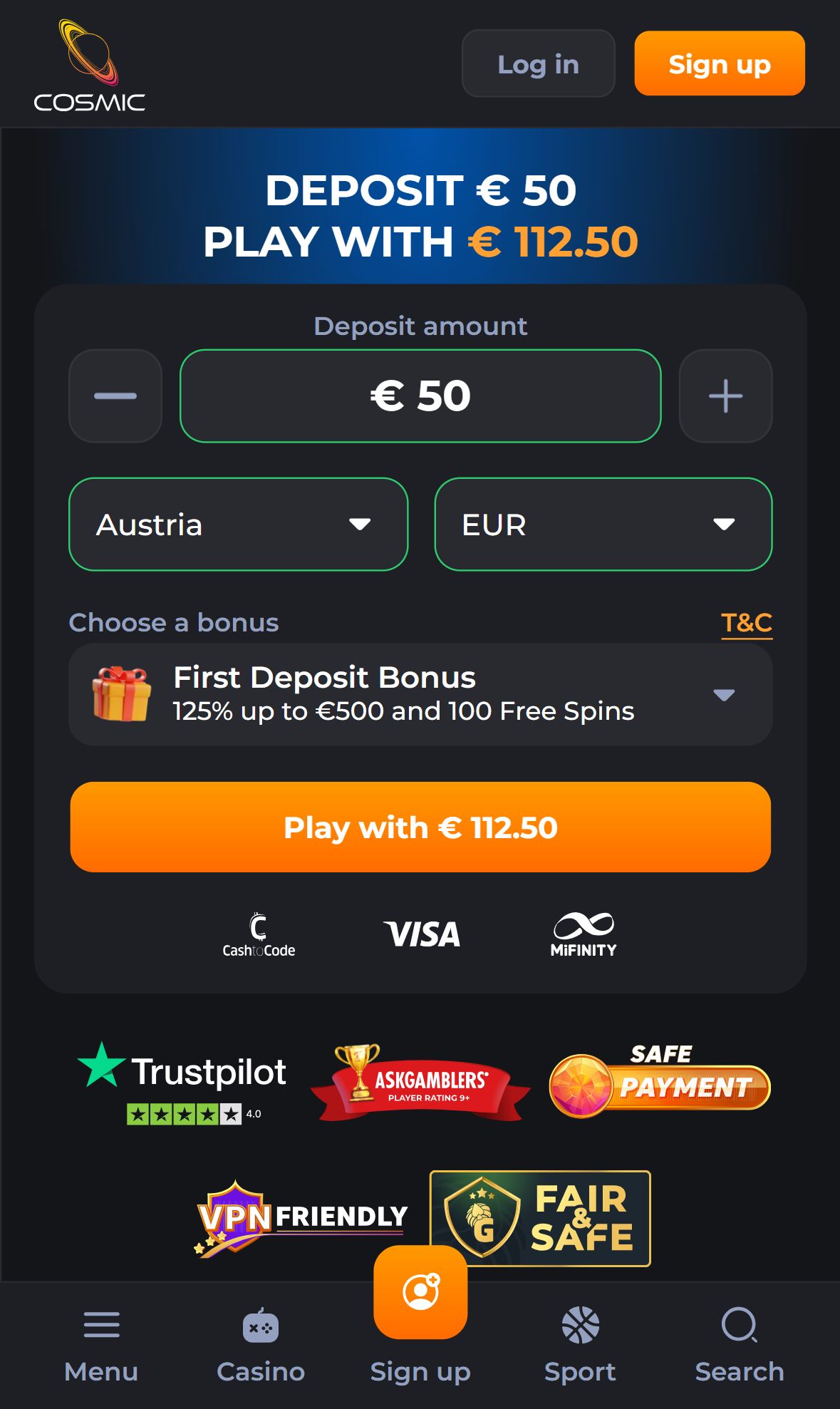 CosmicSlot — Homepage (Mobile)