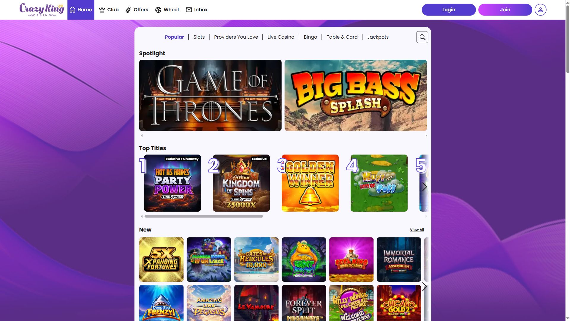 Crazy King Casino — Lobby (Desktop)
