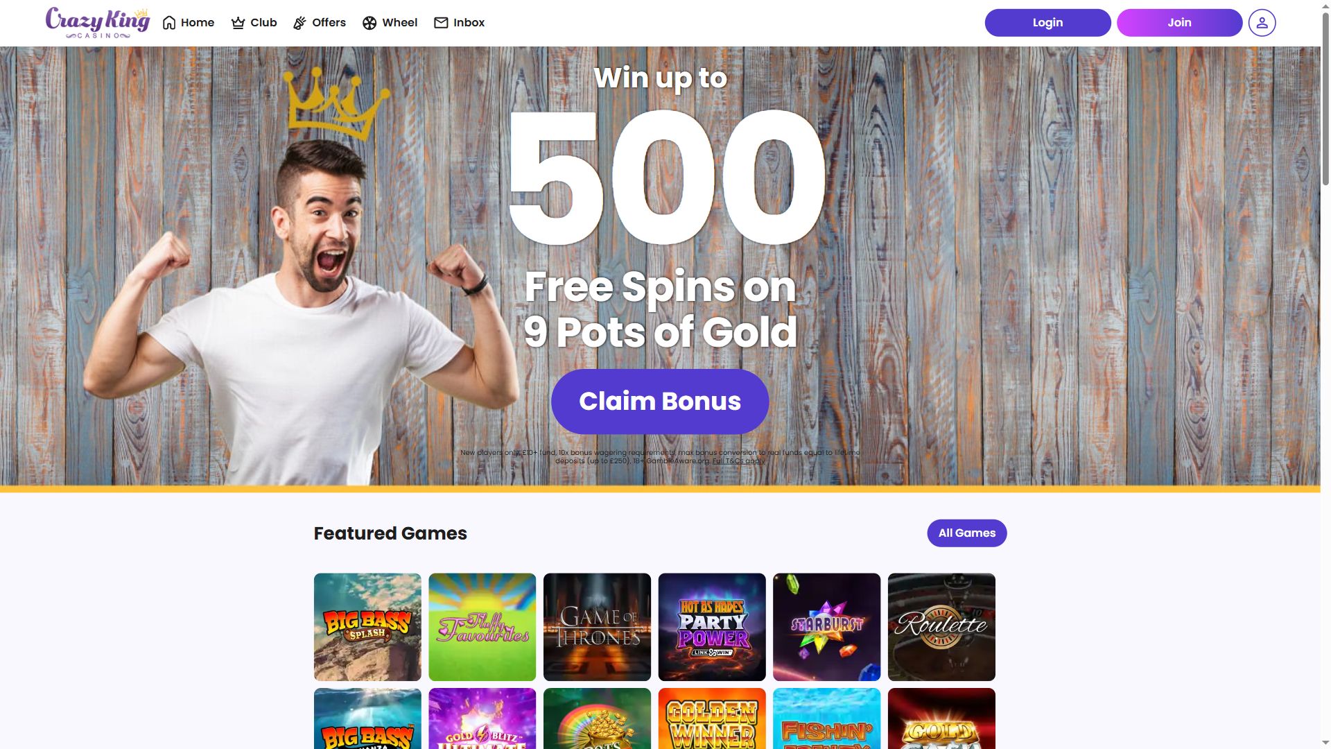 Crazy King Casino — Homepage (Desktop)
