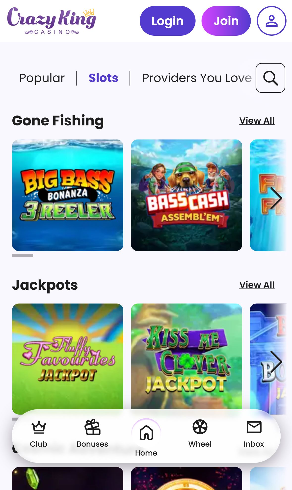 Crazy King Casino — Lobby (Mobile)