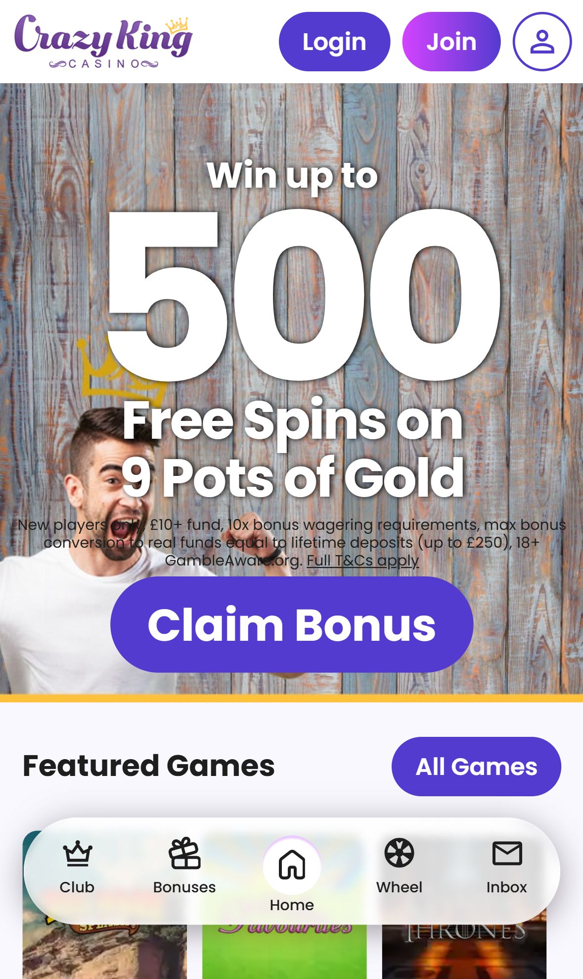 Crazy King Casino — Homepage (Mobile)