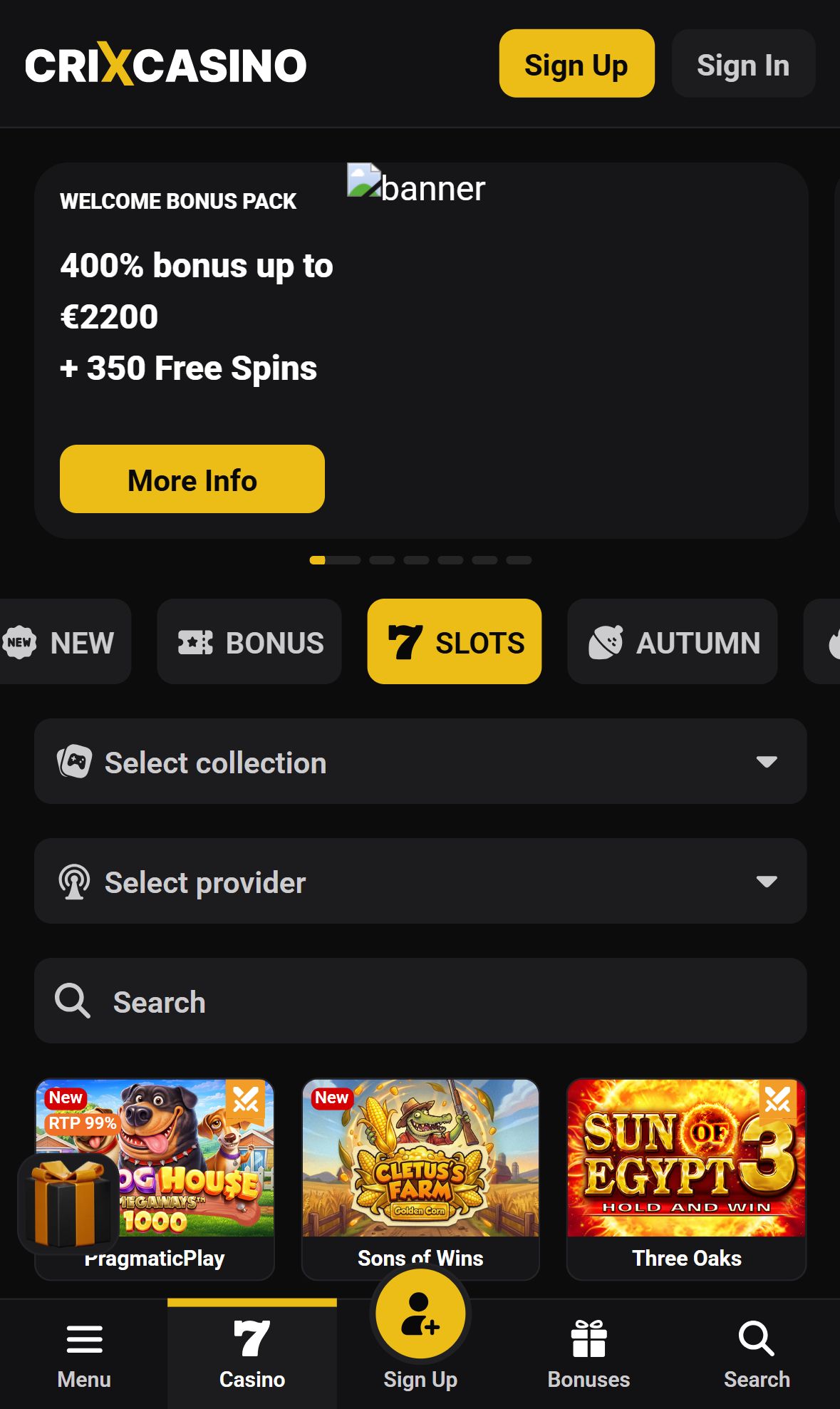 CrixCasino — Lobby (Mobile)