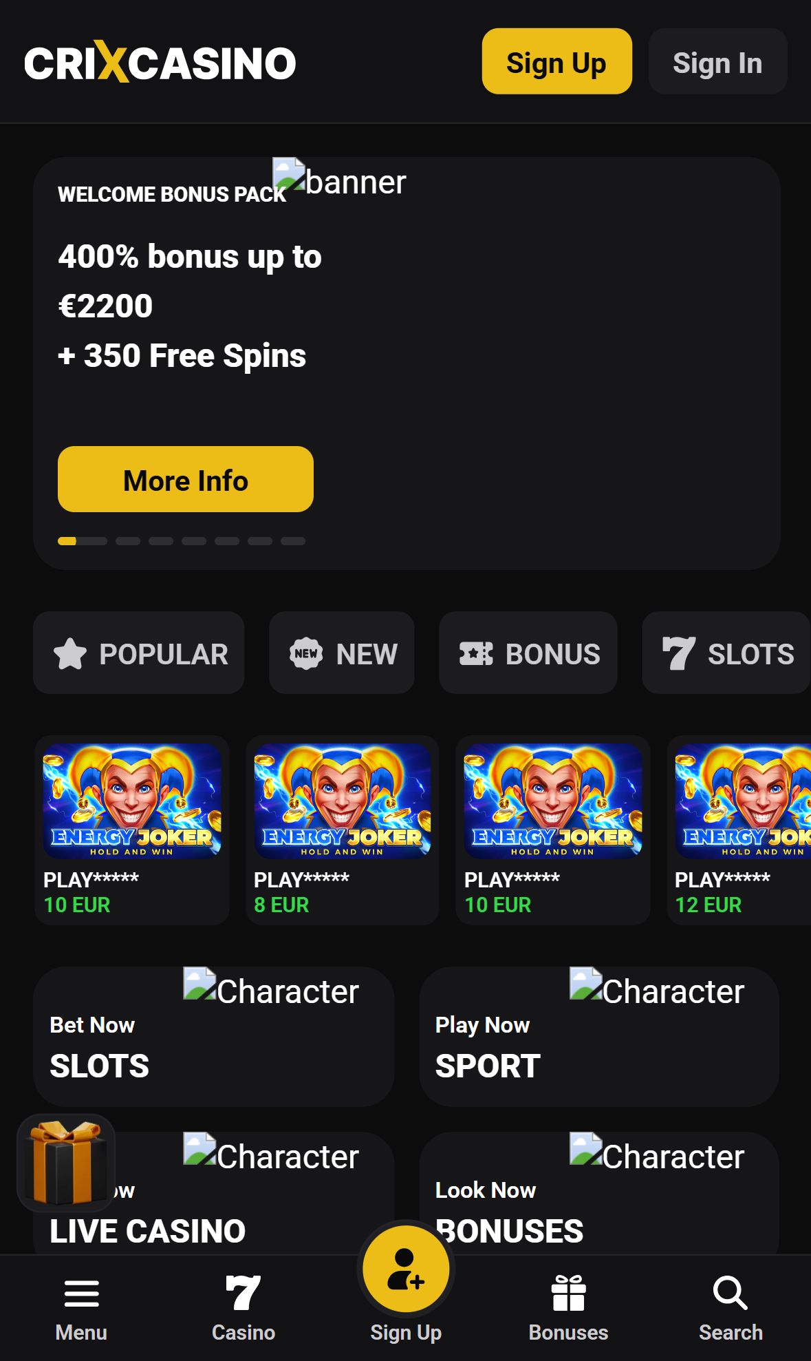 CrixCasino — Homepage (Mobile)