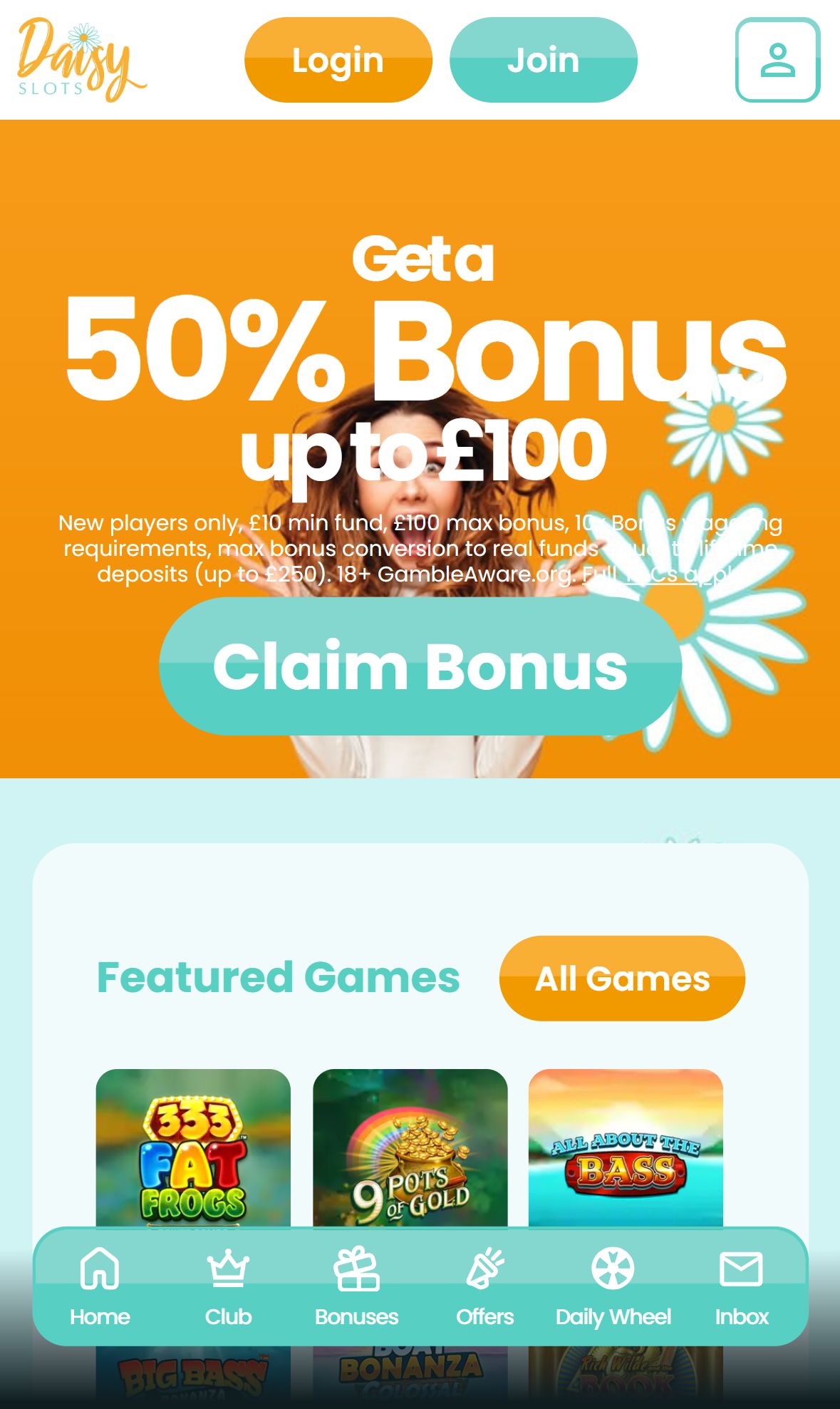 Daisy Slots — Homepage (Mobile)