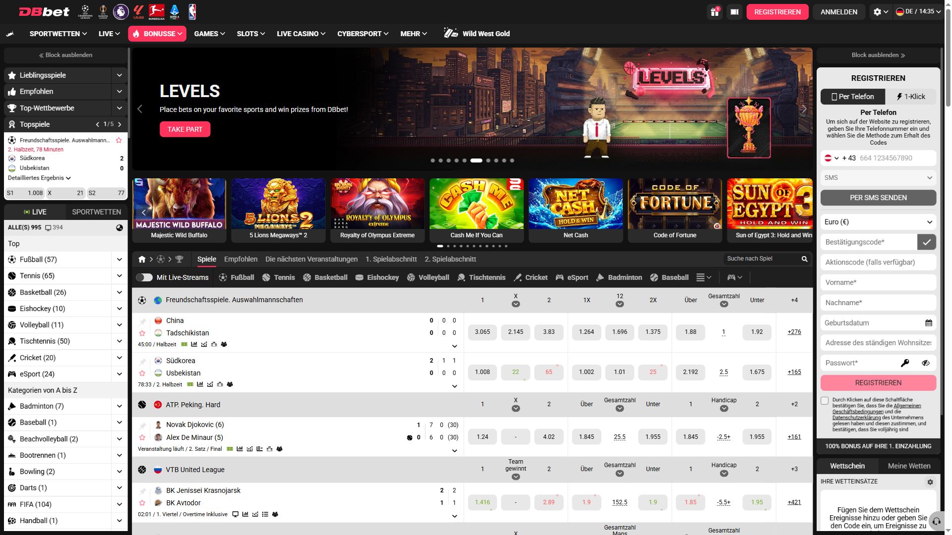 DBbet — Startseite (Desktop)