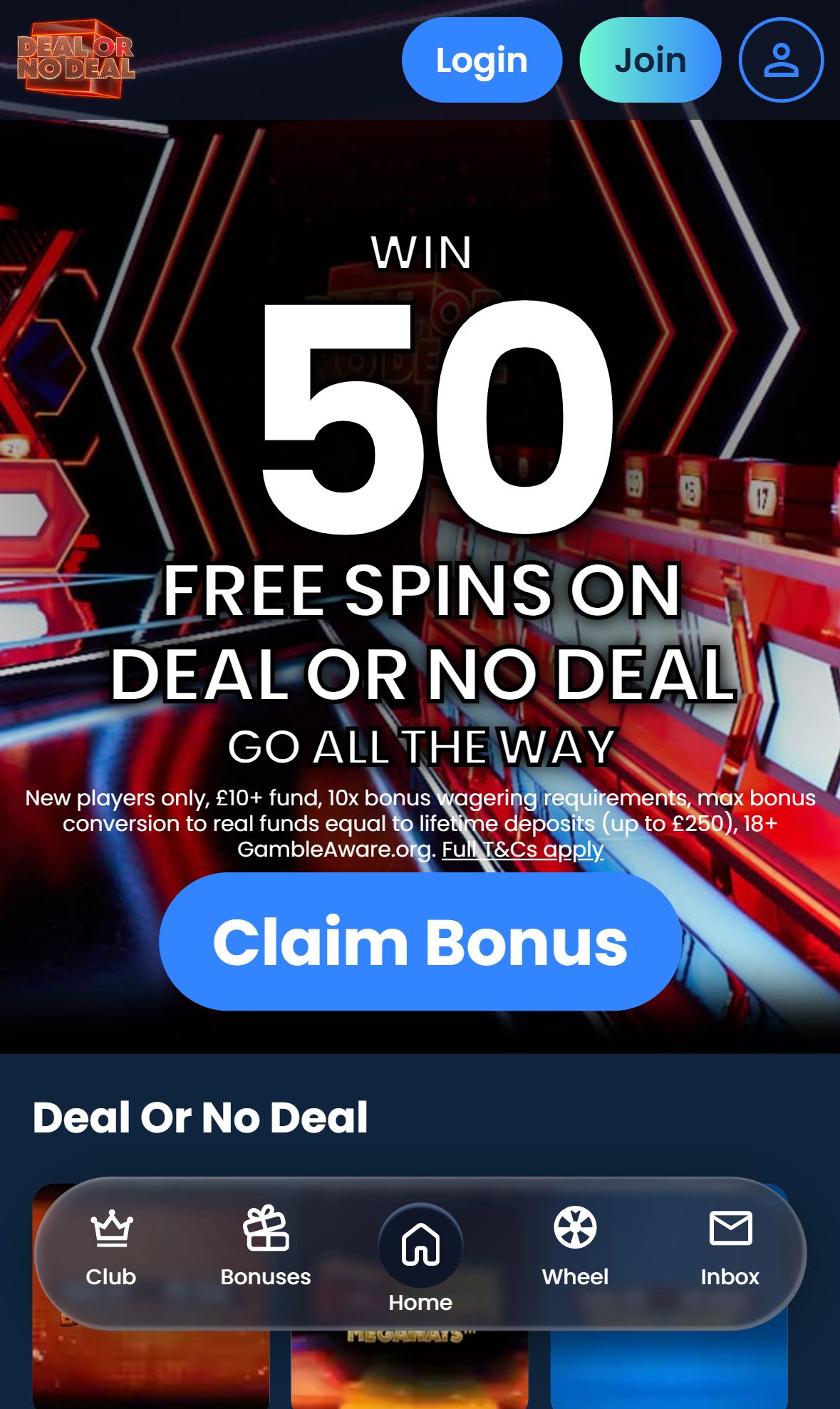 Deal or No Deal Spin — Homepage (Mobile)